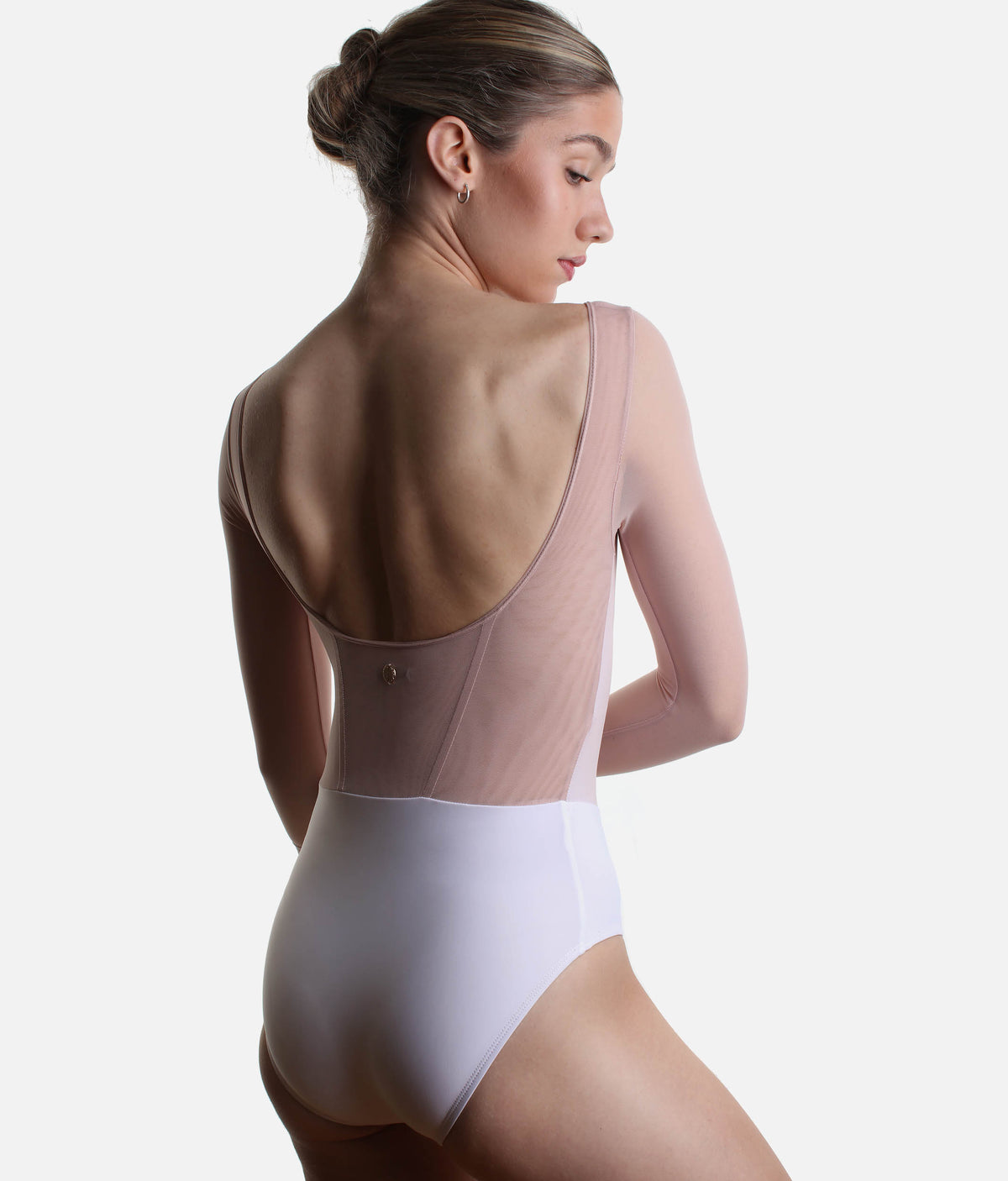 Sofia Frost Nougat Long Sleeve Ballet Leotard - White & Blush Mesh