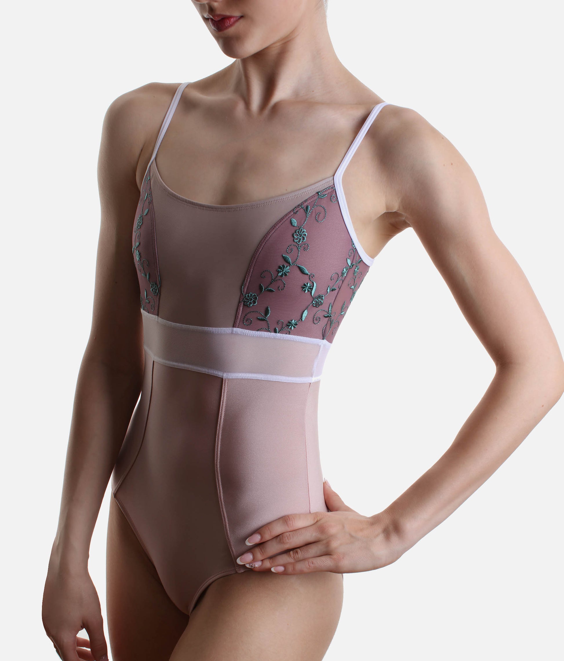 Professional Camisole Ballet Leotard with Embroidered Tulle - BRIGID CL Rose
