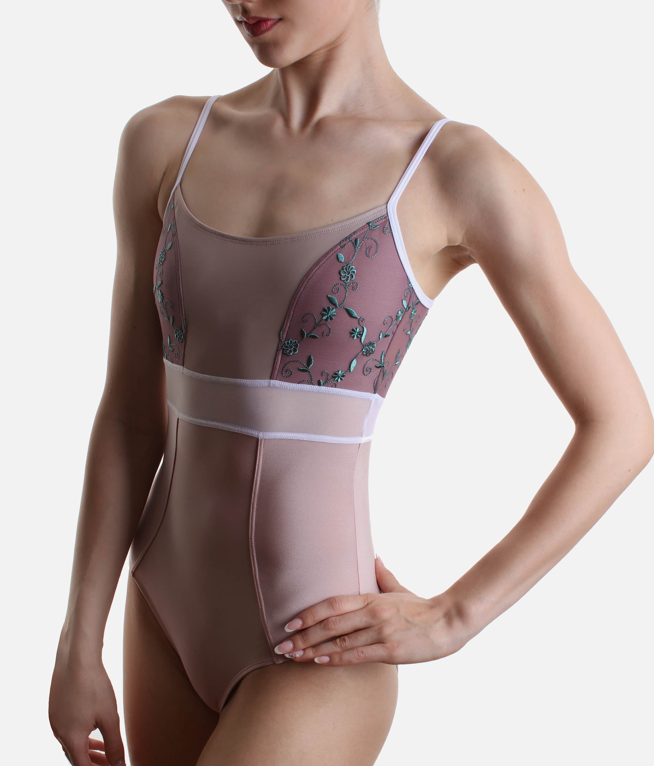 Professional Camisole Ballet Leotard with Embroidered Tulle - BRIGID CL Rose