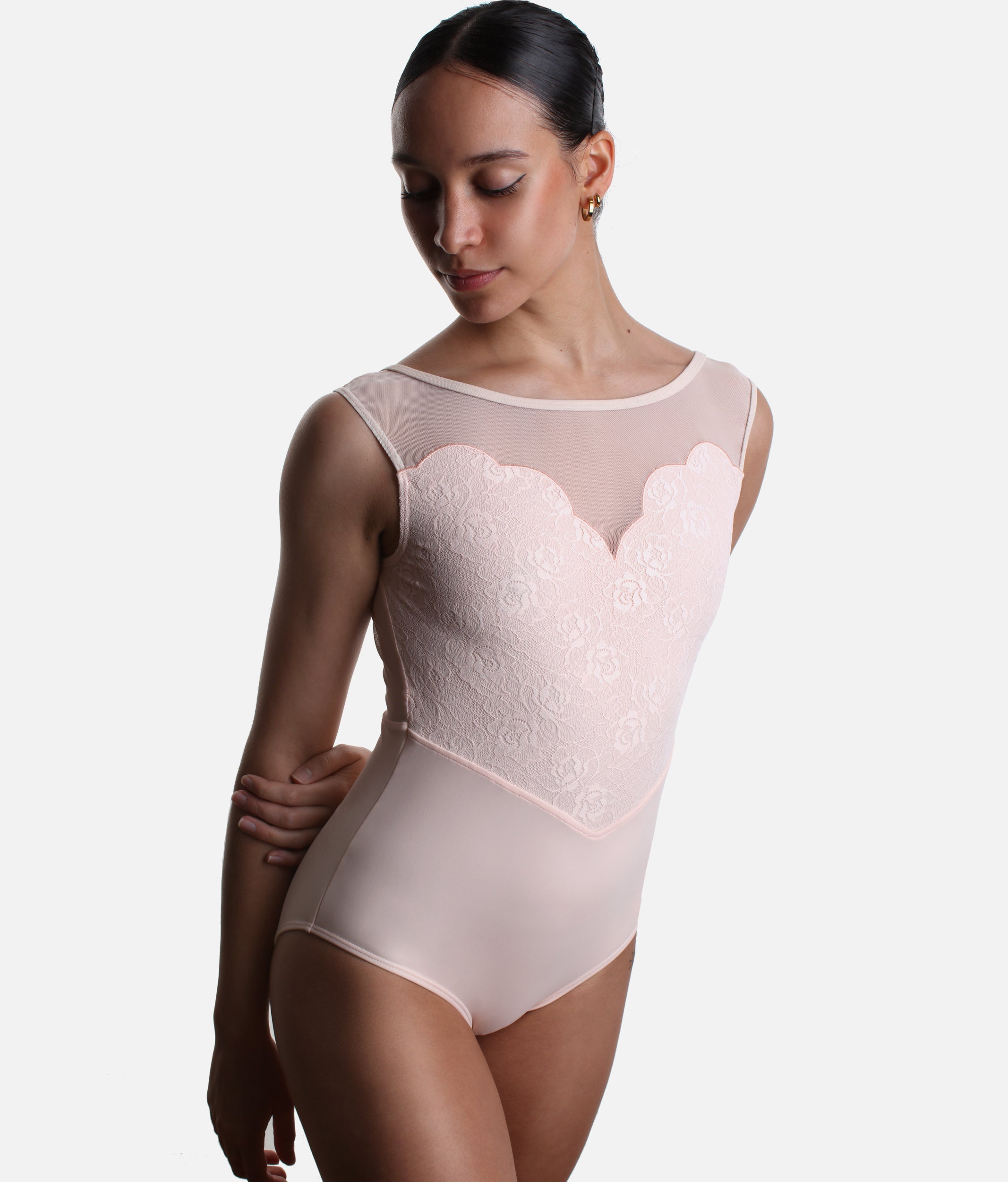 Lace Overlay Leotard with Sweetheart Neckline in Poudre Pink - CAPRICE