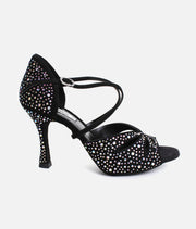 Elegant Dance Heels, Black Nubuck with Crystals, 70mm Flare Heel - CLARA