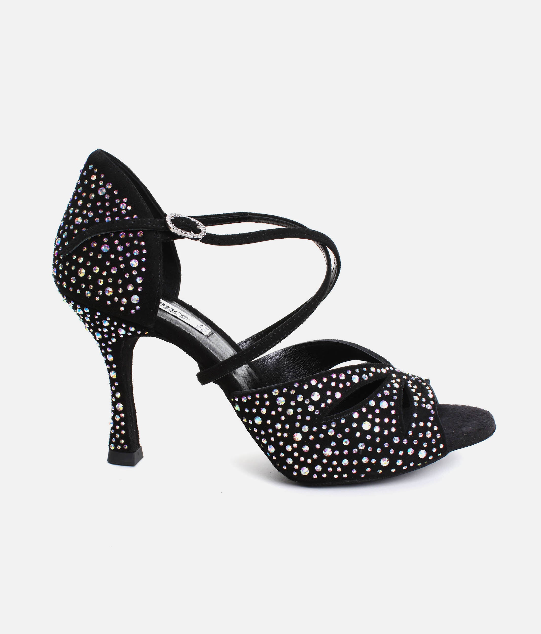 Elegant Dance Heels, Black Nubuck with Crystals, 70mm Flare Heel - CLARA