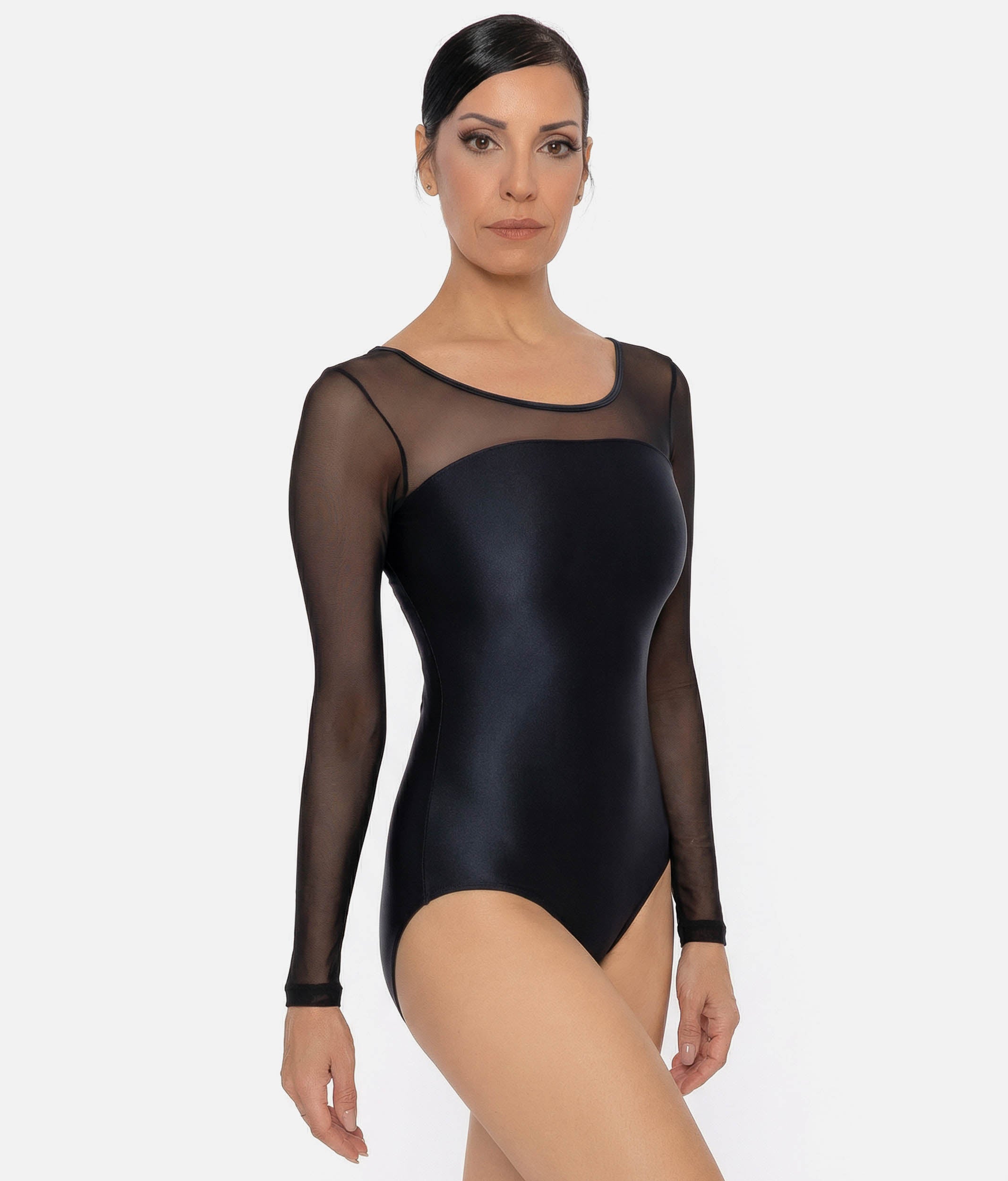 Long Sleeve Mesh Leotard with Elegant Illusion Neckline - CM52