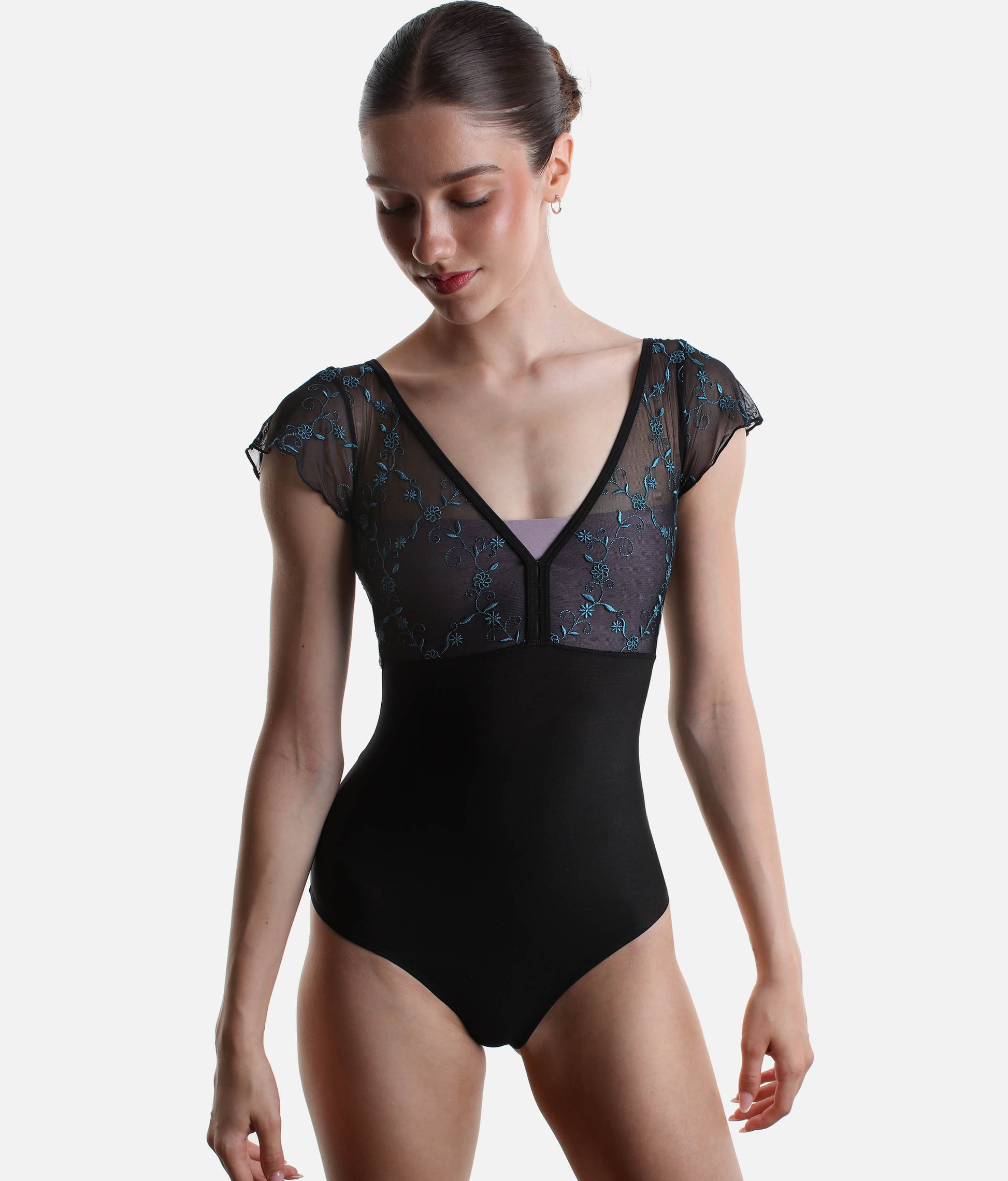 Short Sleeve Ballet Leotard with Pinched V Back - DAFNE GL Nero