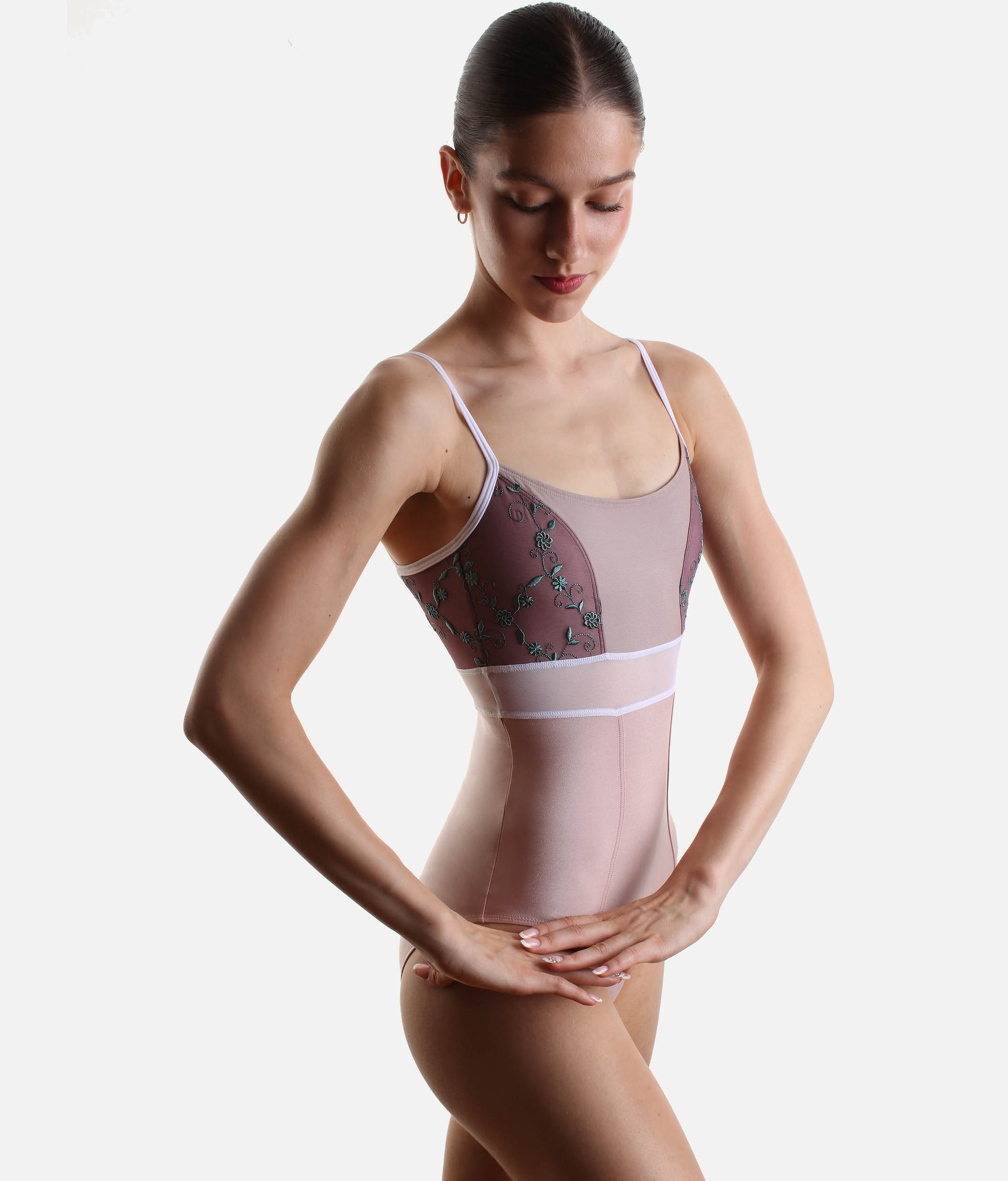 Professional Camisole Ballet Leotard with Embroidered Tulle - BRIGID CL Rose