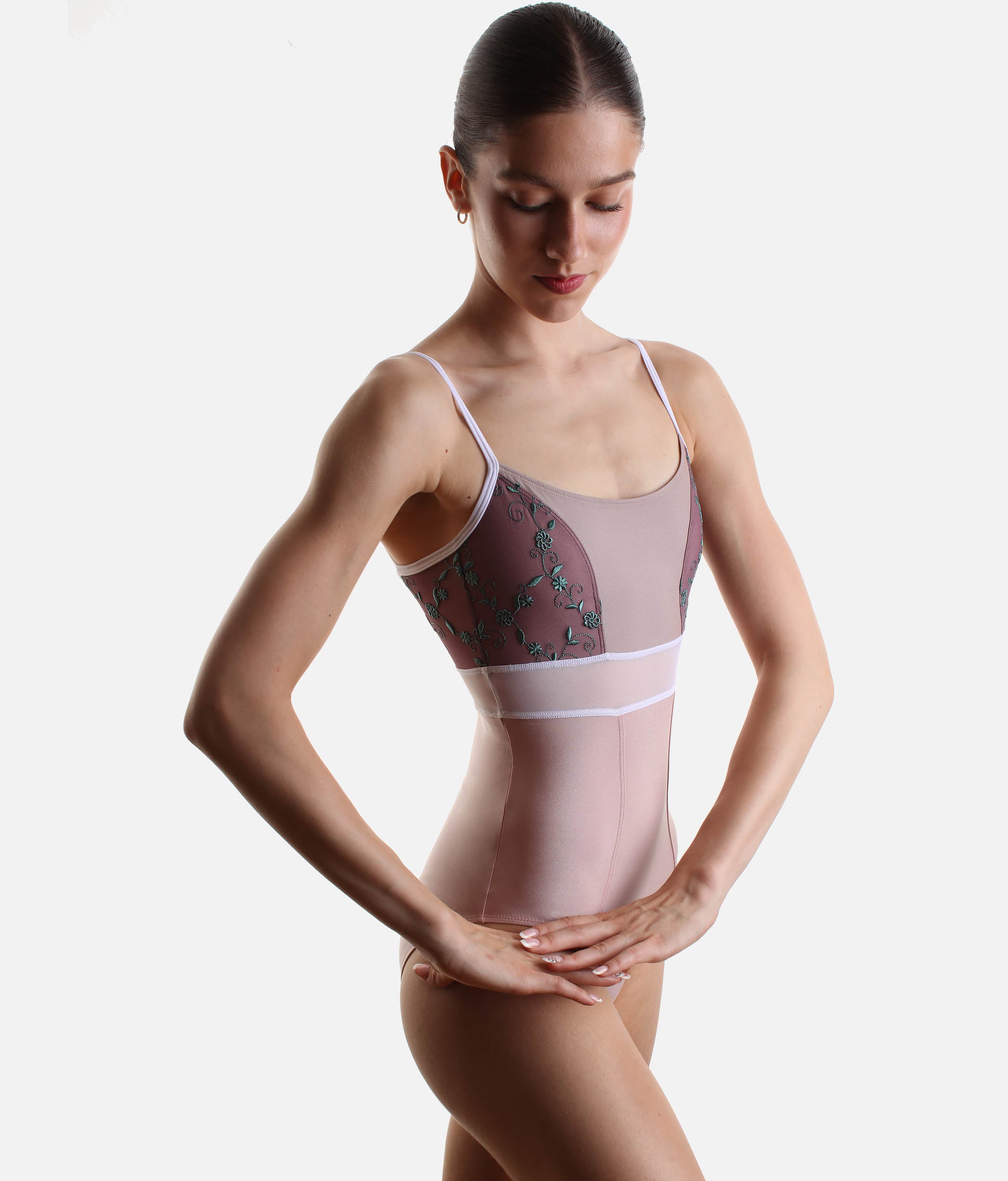 Professional Camisole Ballet Leotard with Embroidered Tulle - BRIGID CL Rose