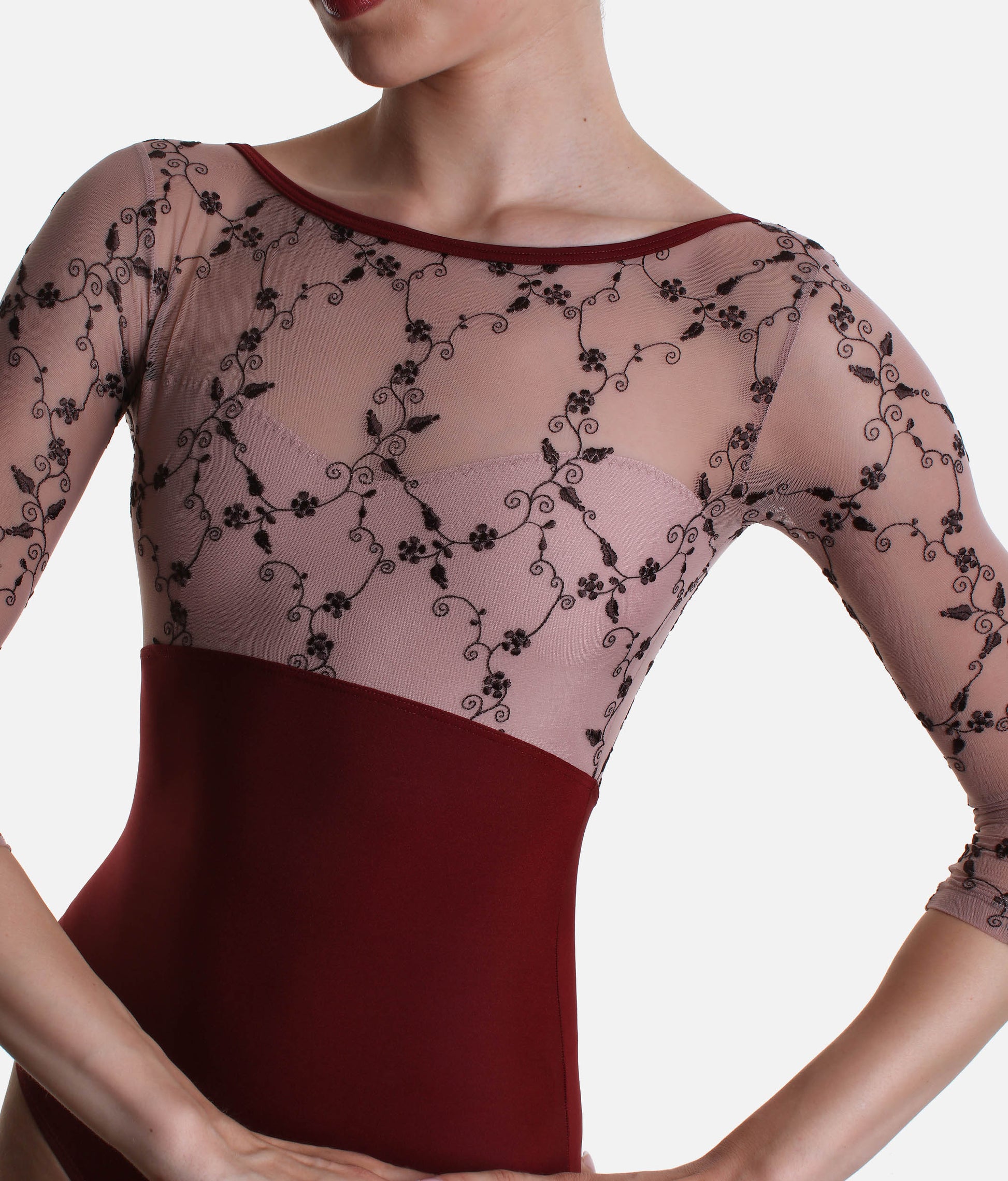 Embroidered 3/4 Sleeve Ballet Leotard - DIANA DI Bordeaux