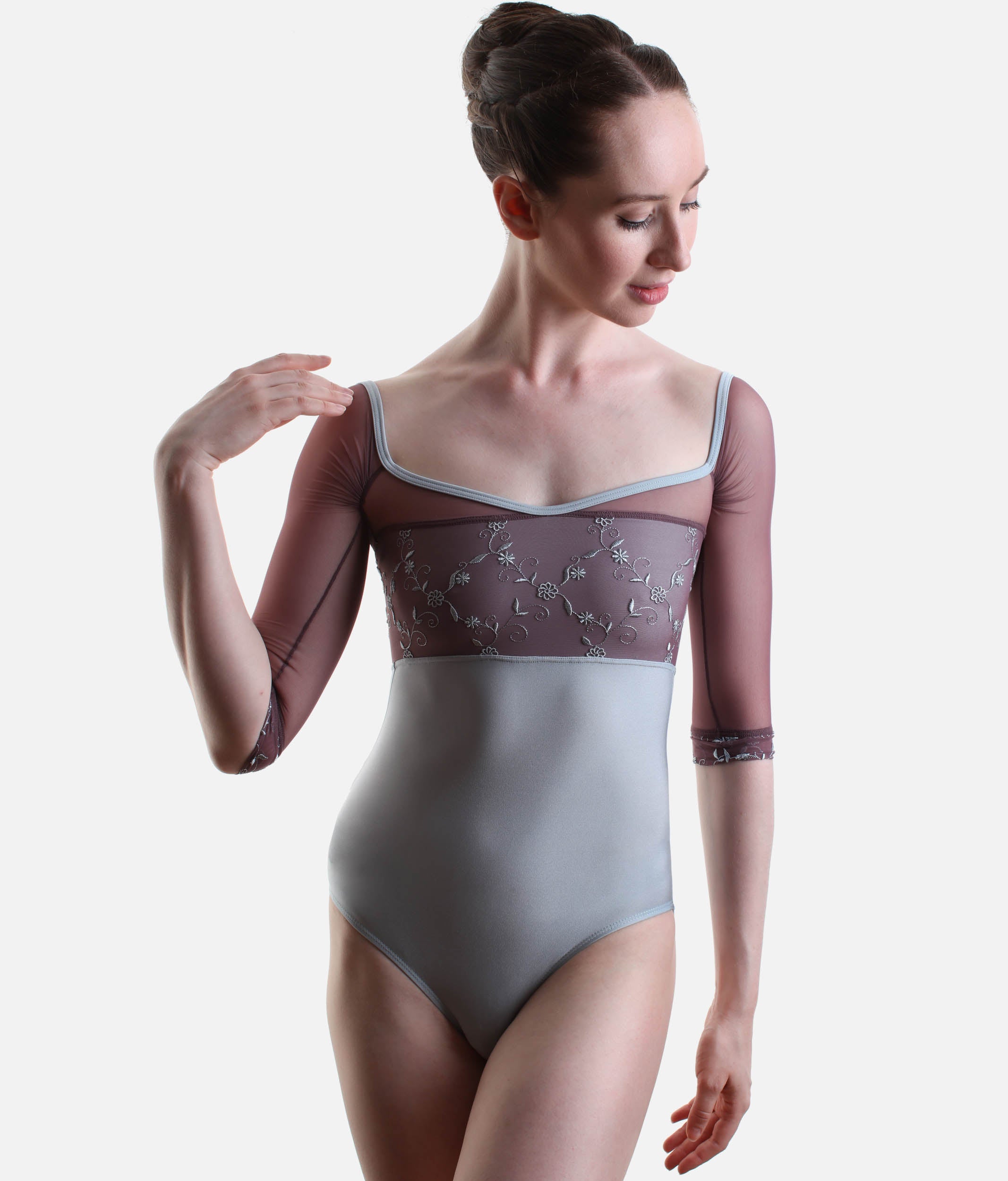 Professional Ballet Leotard with Contrast Neckline - MANIA CL Silver