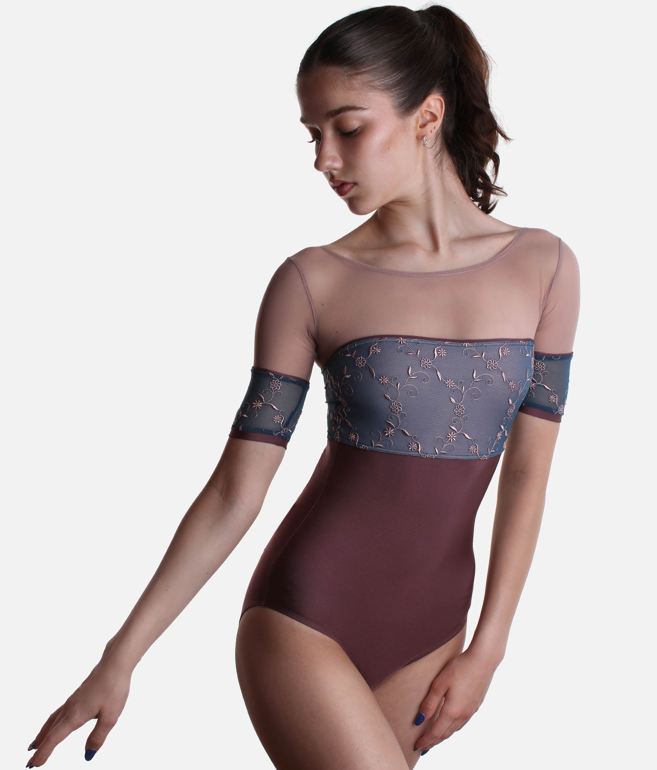 Short Tulle Sleeves Leotard with Romantic Embroidered Bust Panel - MINERVA GL