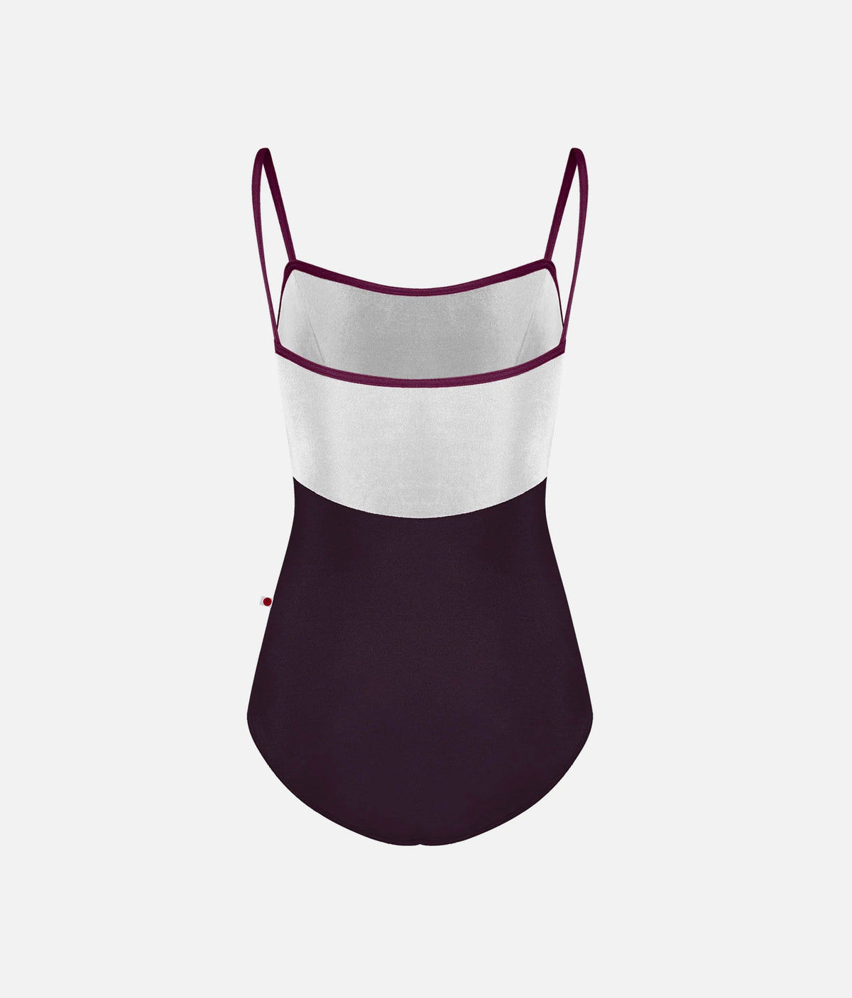 A color-blocked camisole tank top with thin straps, featuring a white upper section, a dark plum purple lower section, and a thin dark plum trim, shown on a light gray background.