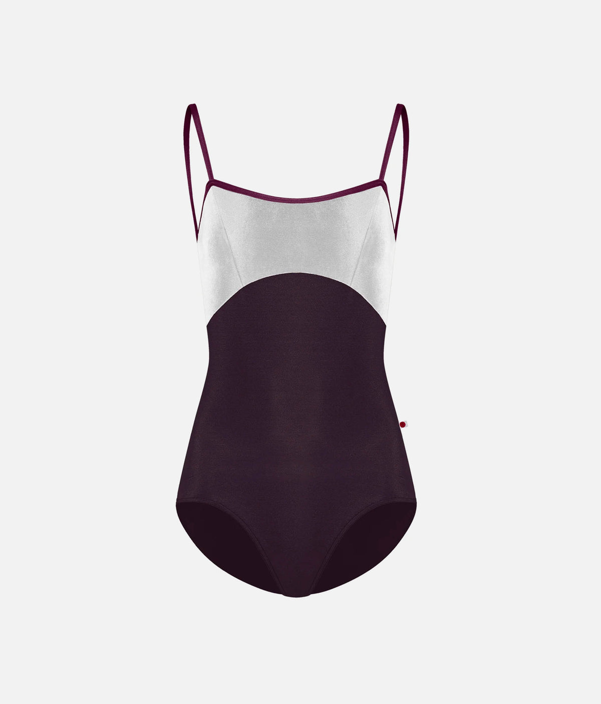 A color-blocked one-piece swimsuit with a white upper bodice, a dark plum lower bodice, and thin dark plum shoulder straps, shown against a light gray background.
