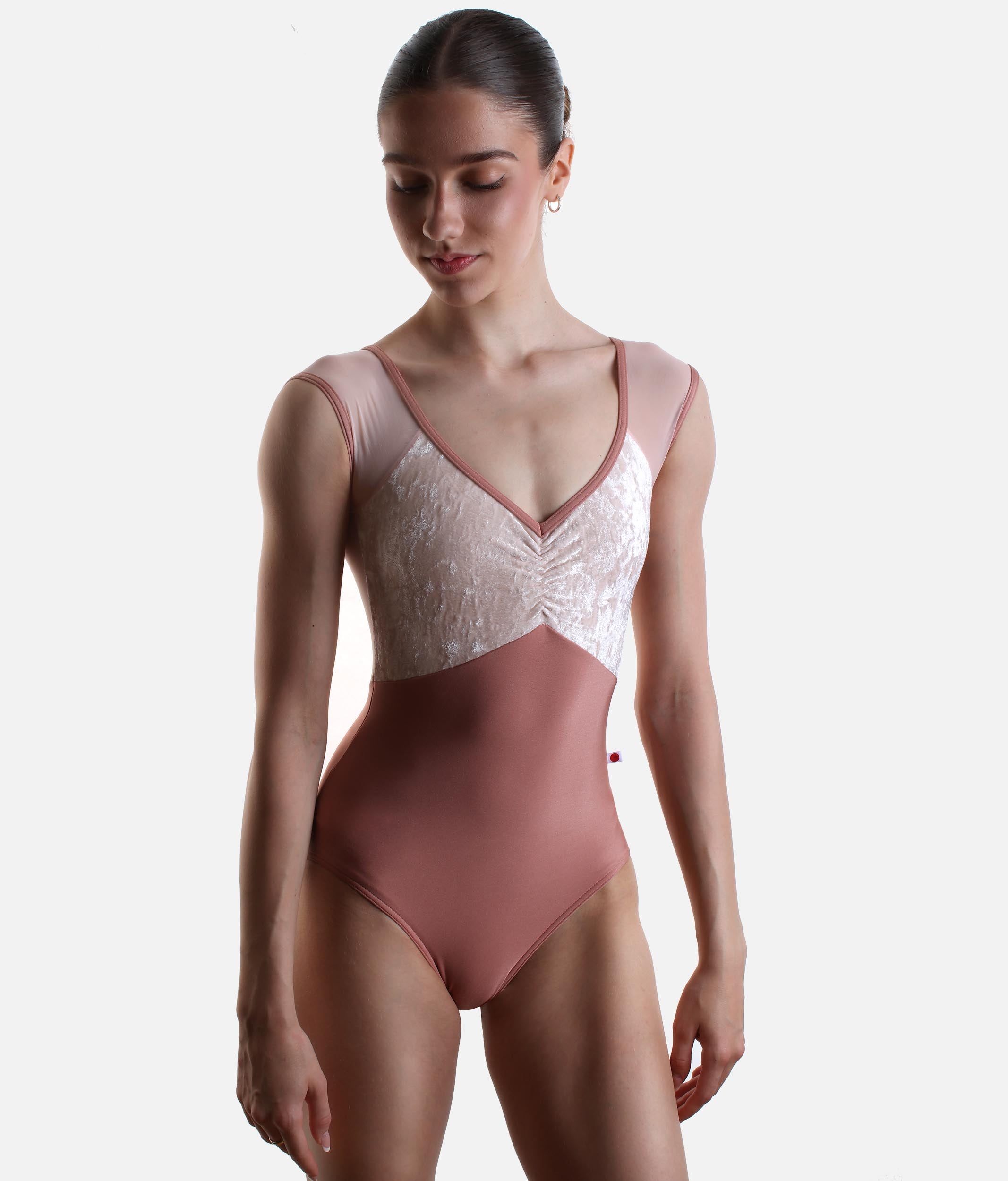 Cap Sleeve Ballet Leotard with Pinch Front & Deep V Back - ELLI MESH ROSEWOOD