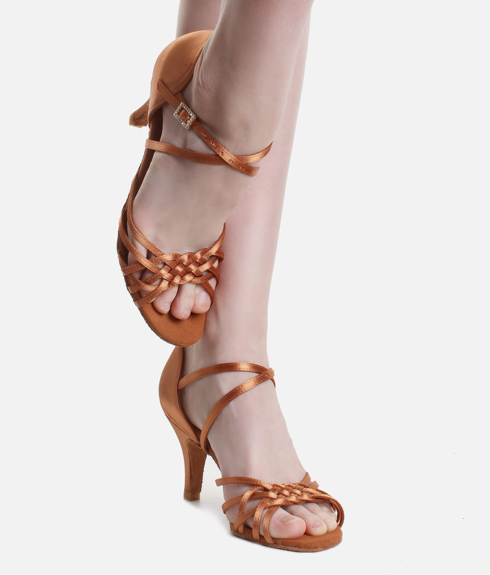 Open-Toe Latin Shoes with Diamante Buckle, Satin Finish & Suede Sole - FLAVIA
