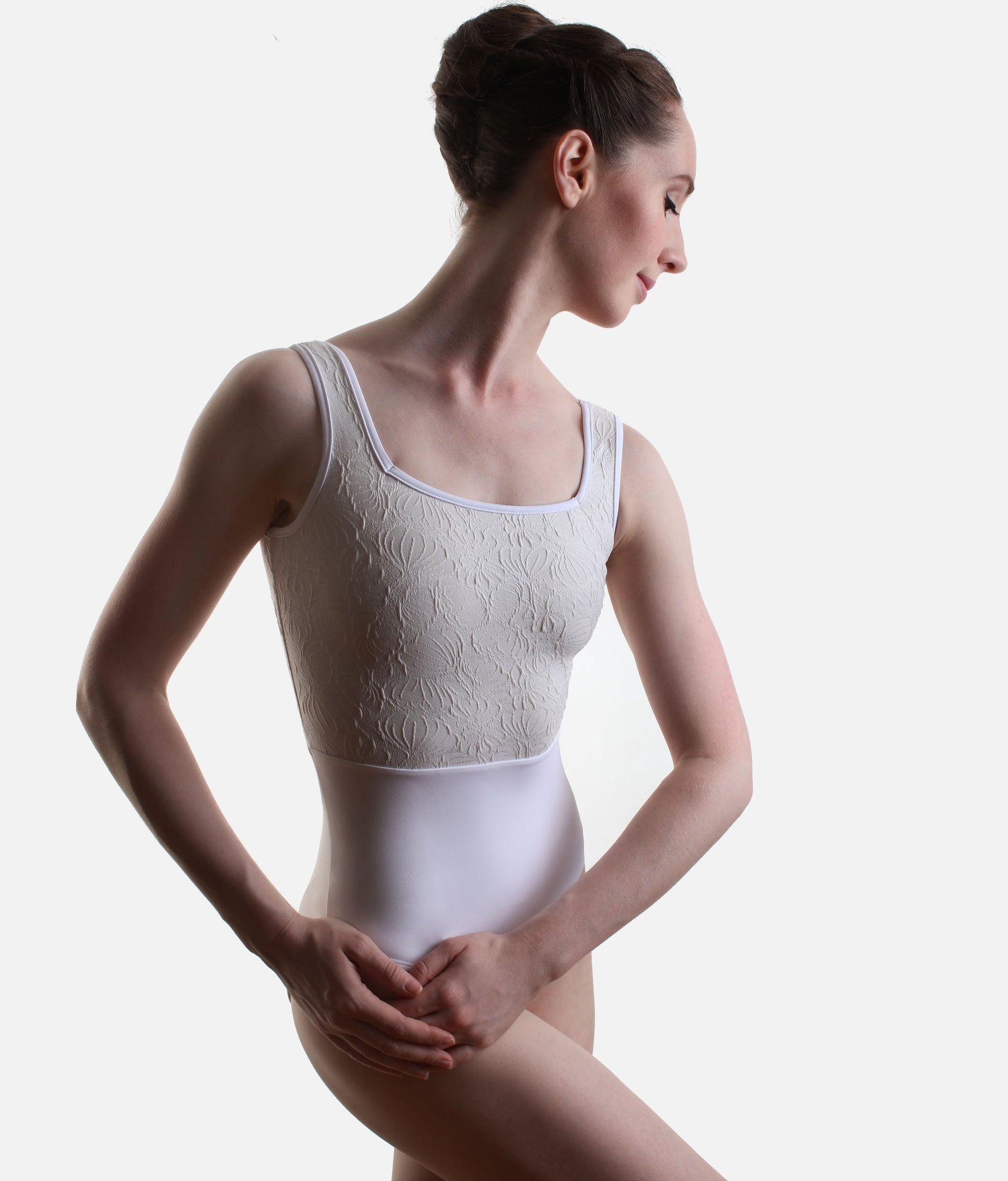 Luxury Floral Dance Leotard with Supportive Square Neck - FLORA PEARL WHITE