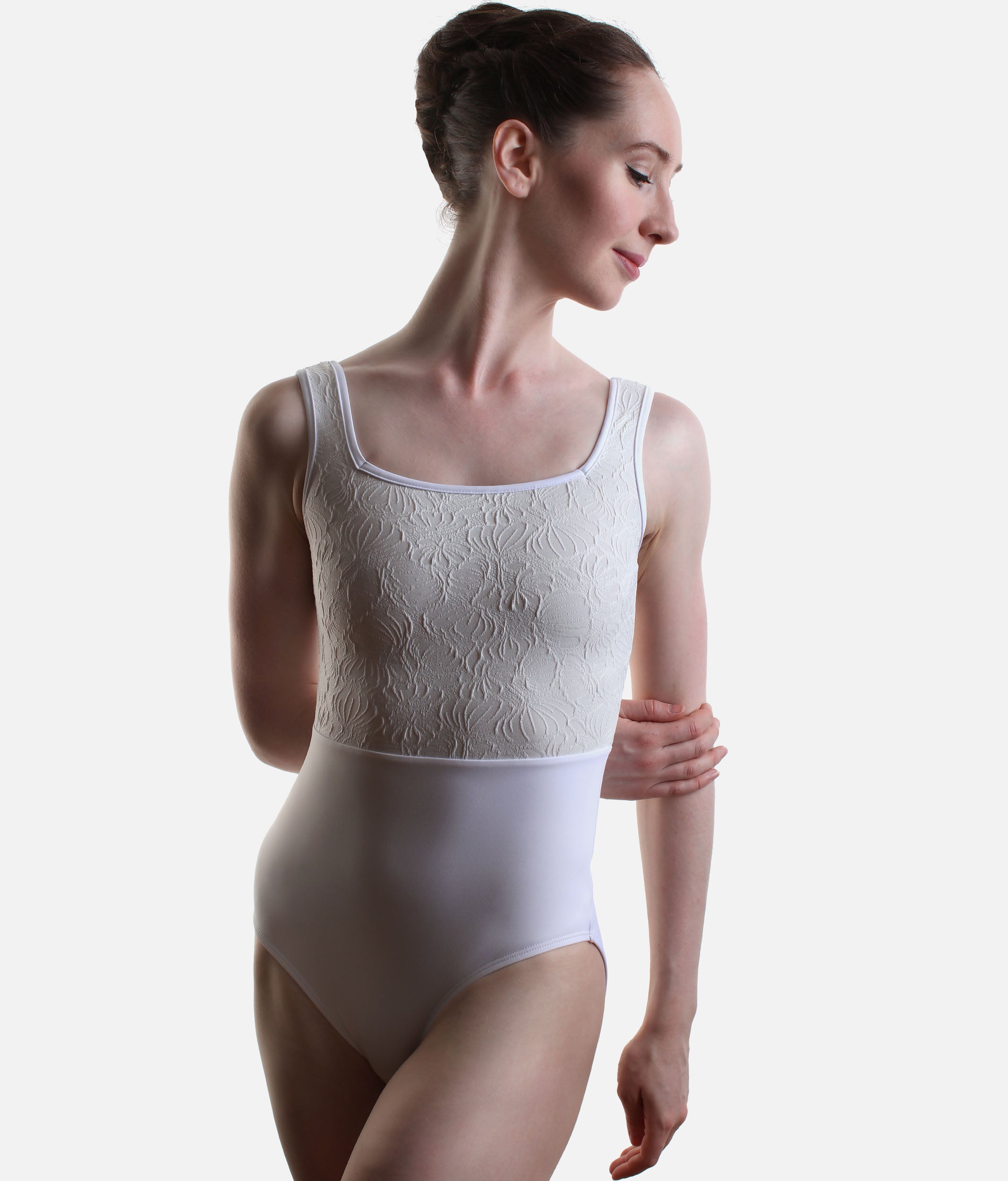 Luxury Floral Dance Leotard with Supportive Square Neck - FLORA PEARL WHITE