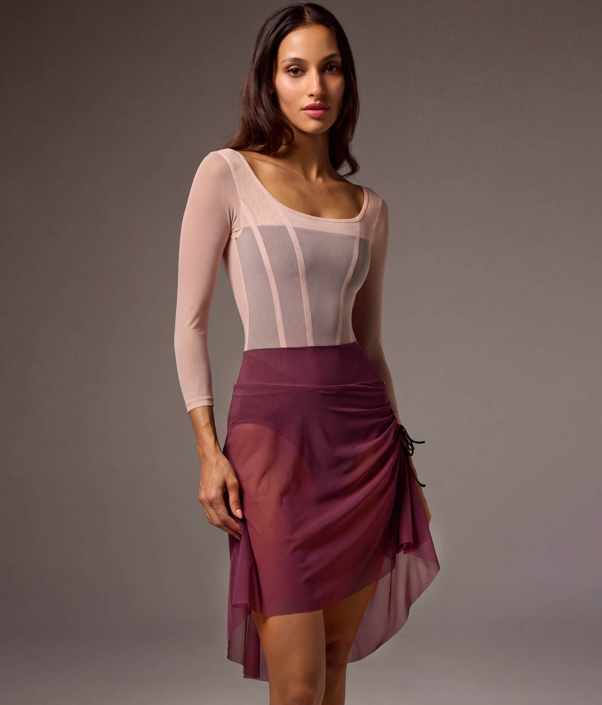 Bodile Gisella Mesh Rehearsal Skirt – High-Low Hem & Ribbon Ruching