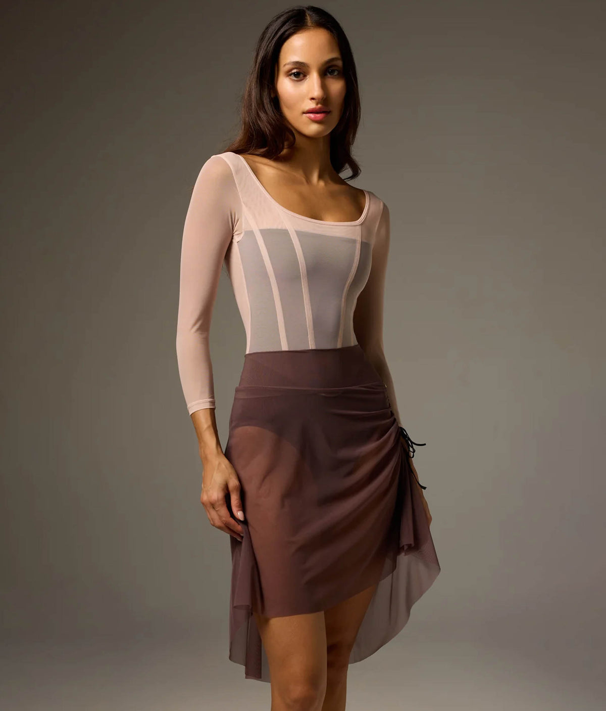 Bodile Gisella Mesh Rehearsal Skirt – High-Low Hem &amp; Ribbon Ruching