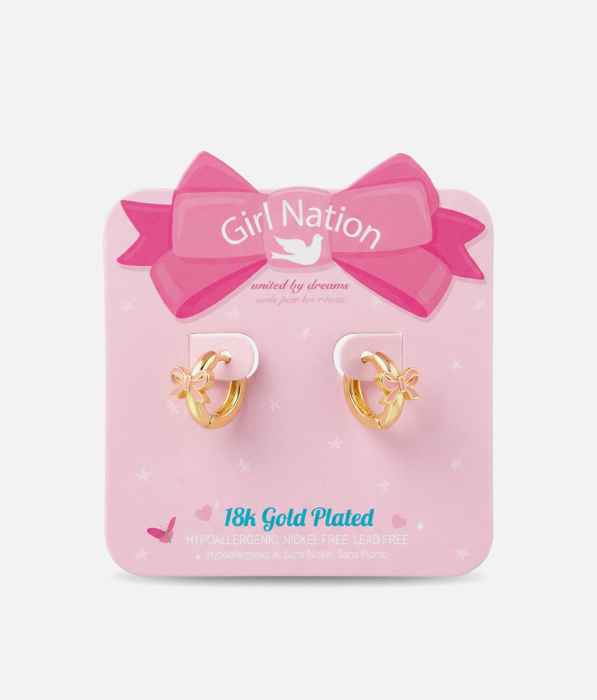 18K Gold Plated Girls Huggie Earrings, Pink Bow Earlets