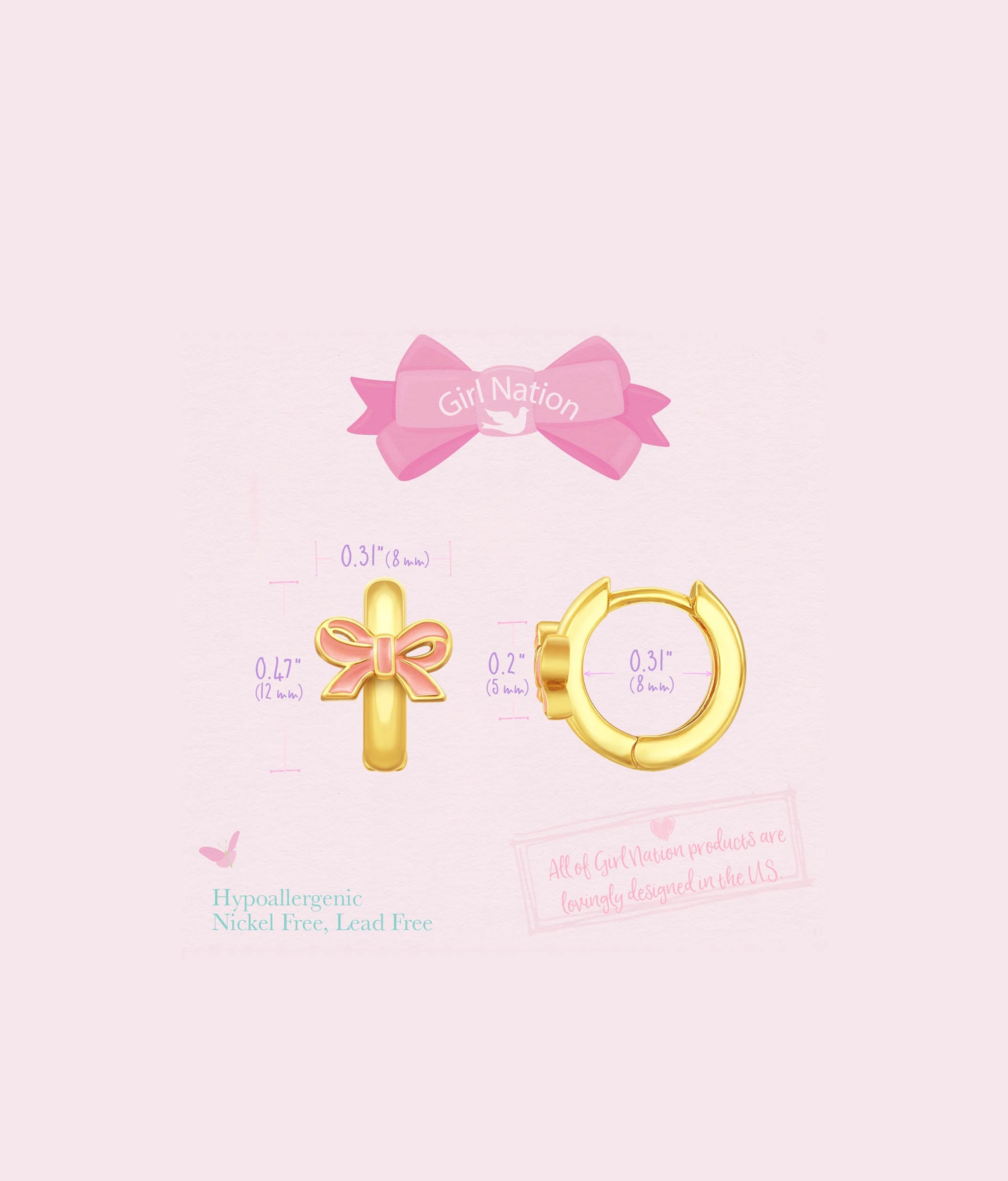 18K Gold Plated Girls Huggie Earrings, Pink Bow Earlets