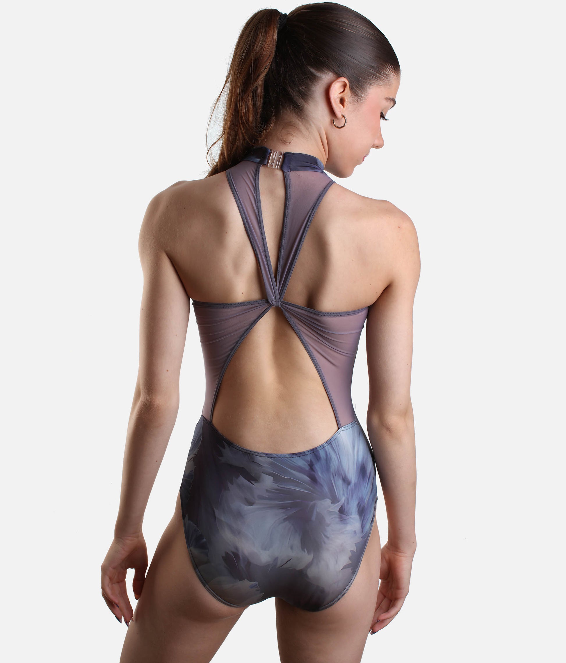 VOLINA High Neck Leotard with Elegant Floral Design, Mesh Back - DA5127