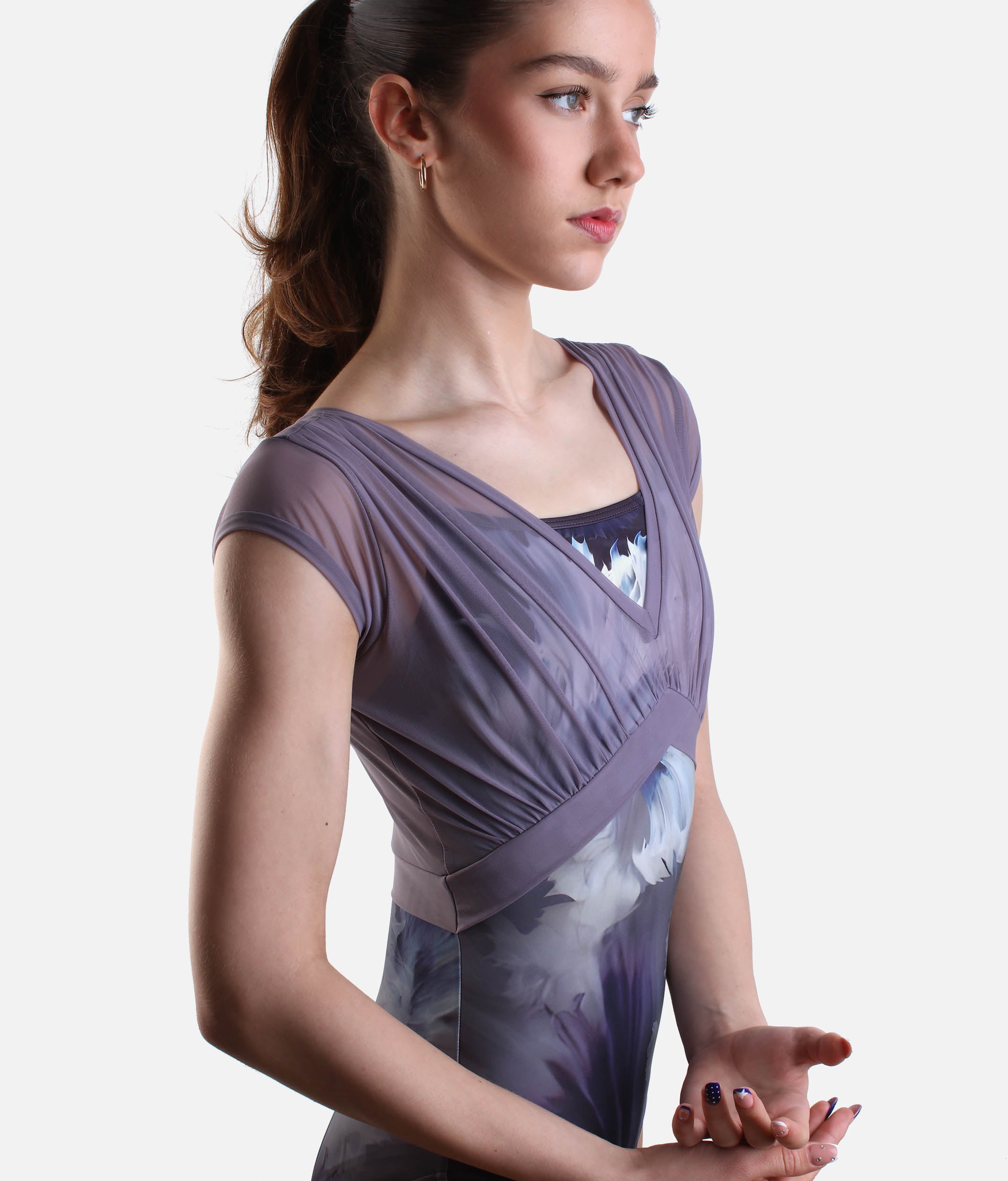 VONETTA Cap Sleeve Leotard with Artistic Floral Print, Mesh Overlay - DA5129