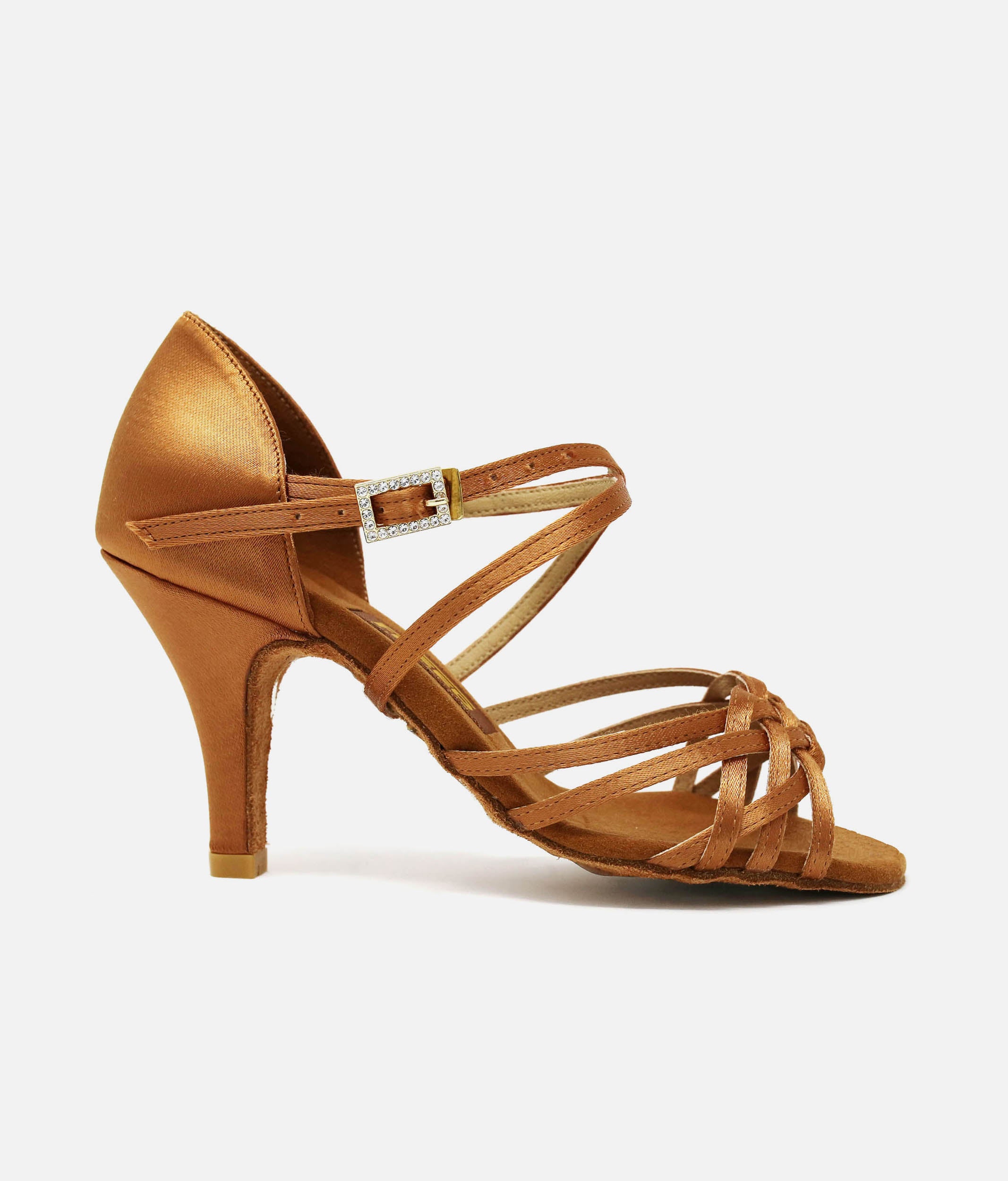 Open-Toe Latin Shoes with Diamante Buckle, Satin Finish & Suede Sole - FLAVIA