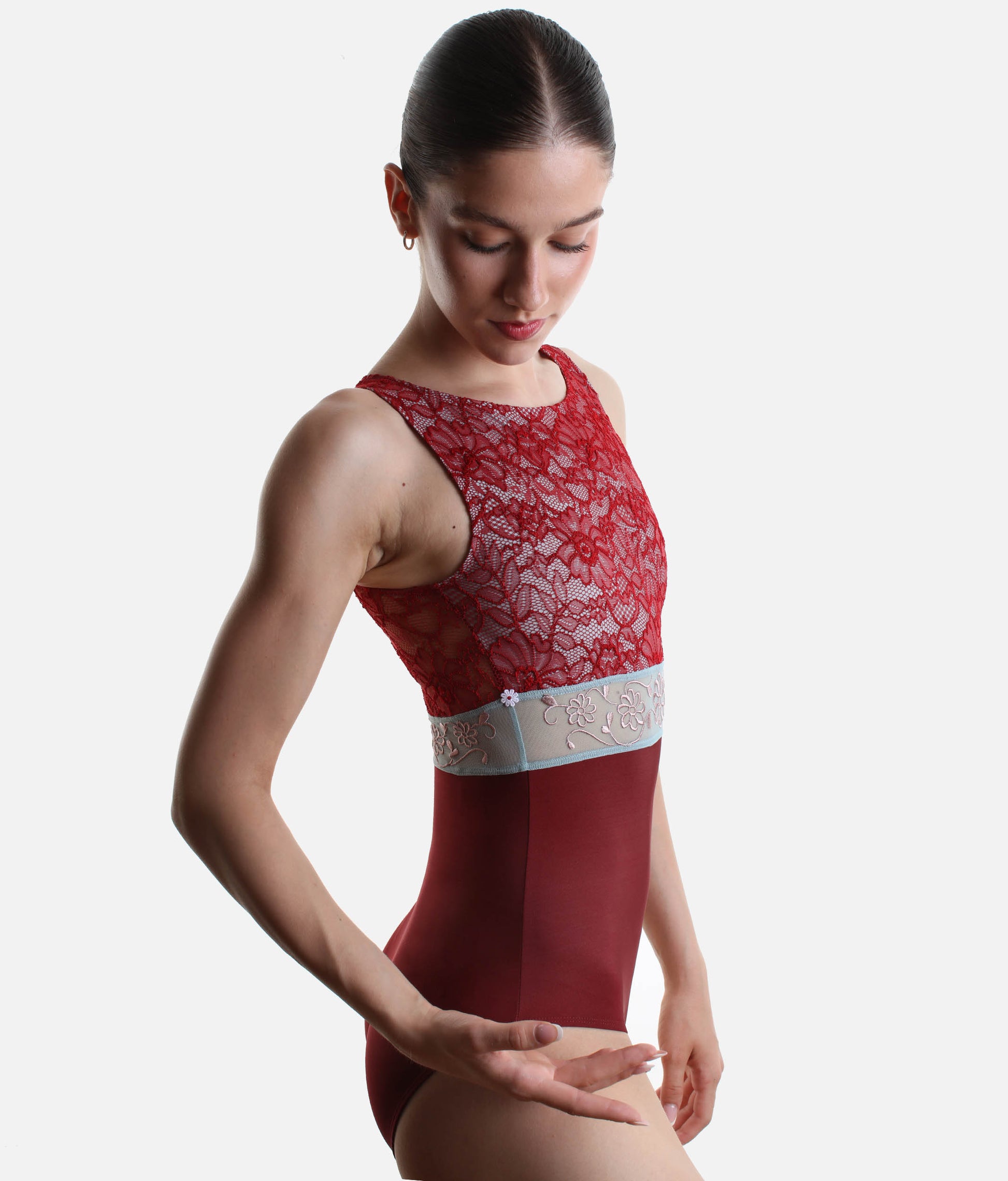 Ballet Leotard with Teardrop Back & Lace Overlay - IRIS GL Bordeaux