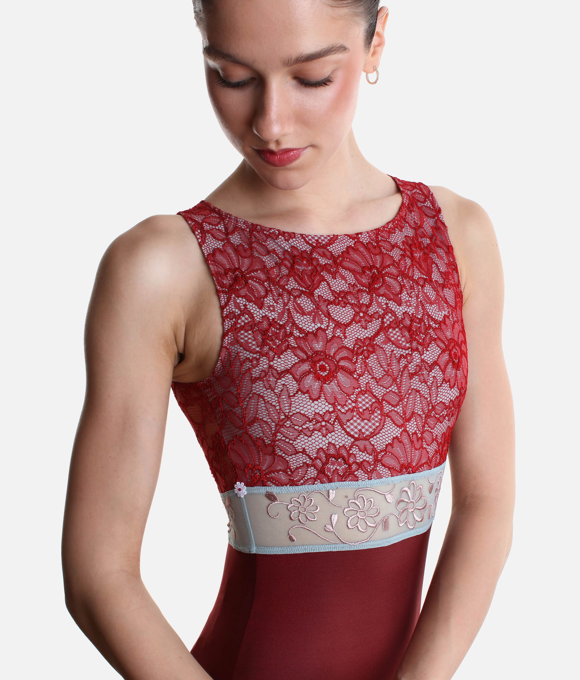 Ballet Leotard with Teardrop Back & Lace Overlay - IRIS GL Bordeaux