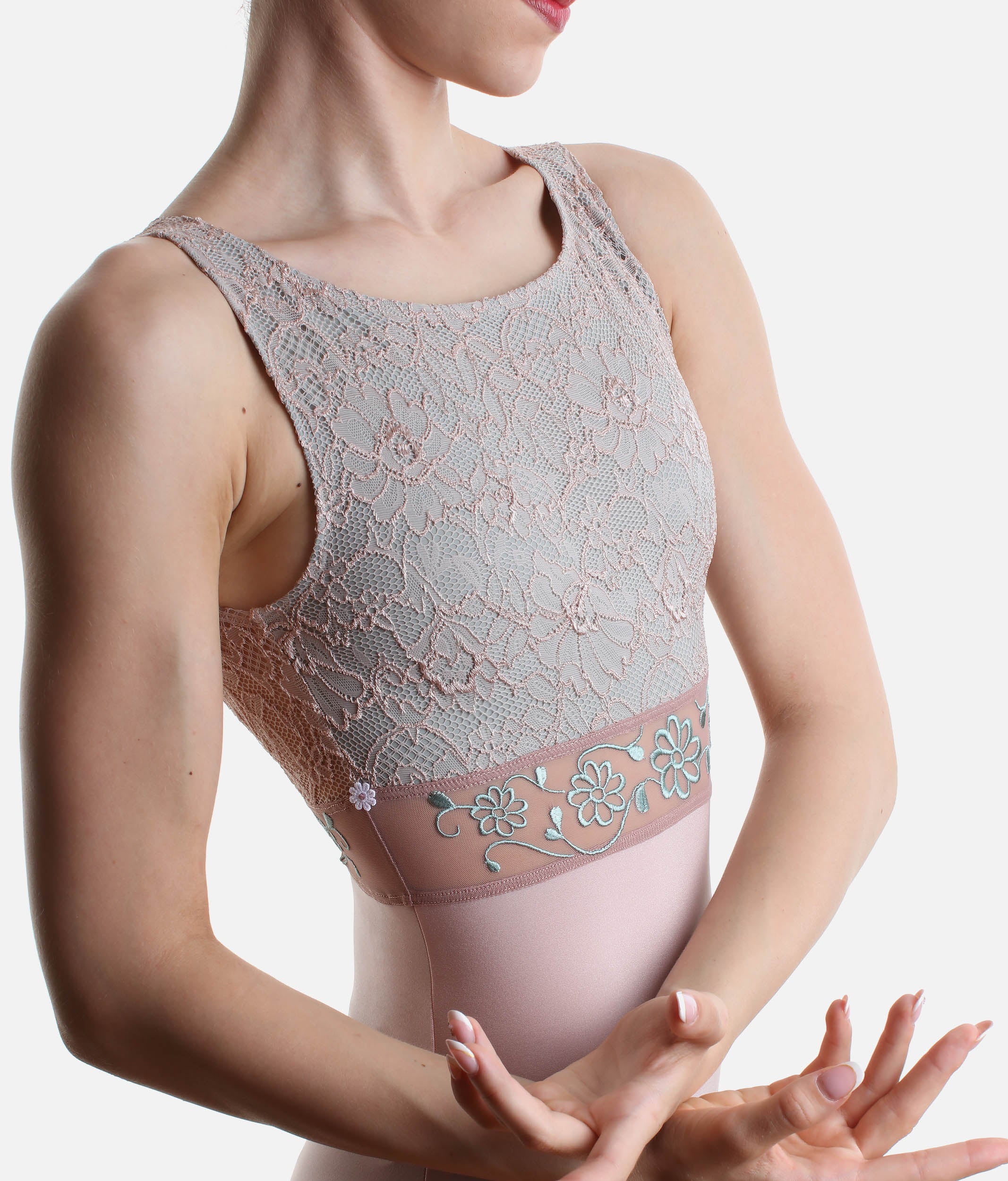 Sleveless Ballet Leotard with Floral Lace & Open Back - IRIS GL Rose