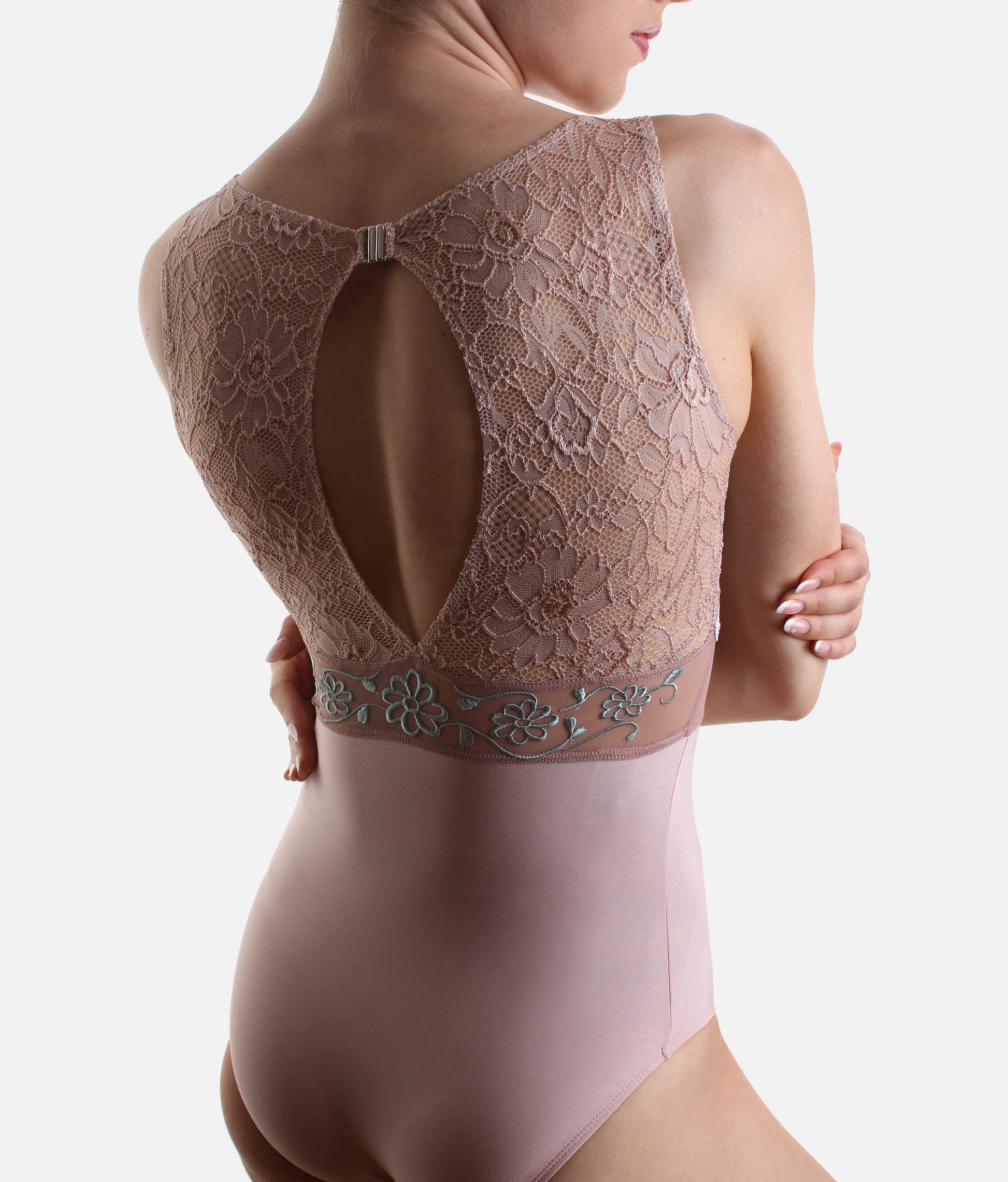 Sleveless Ballet Leotard with Floral Lace & Open Back - IRIS GL Rose