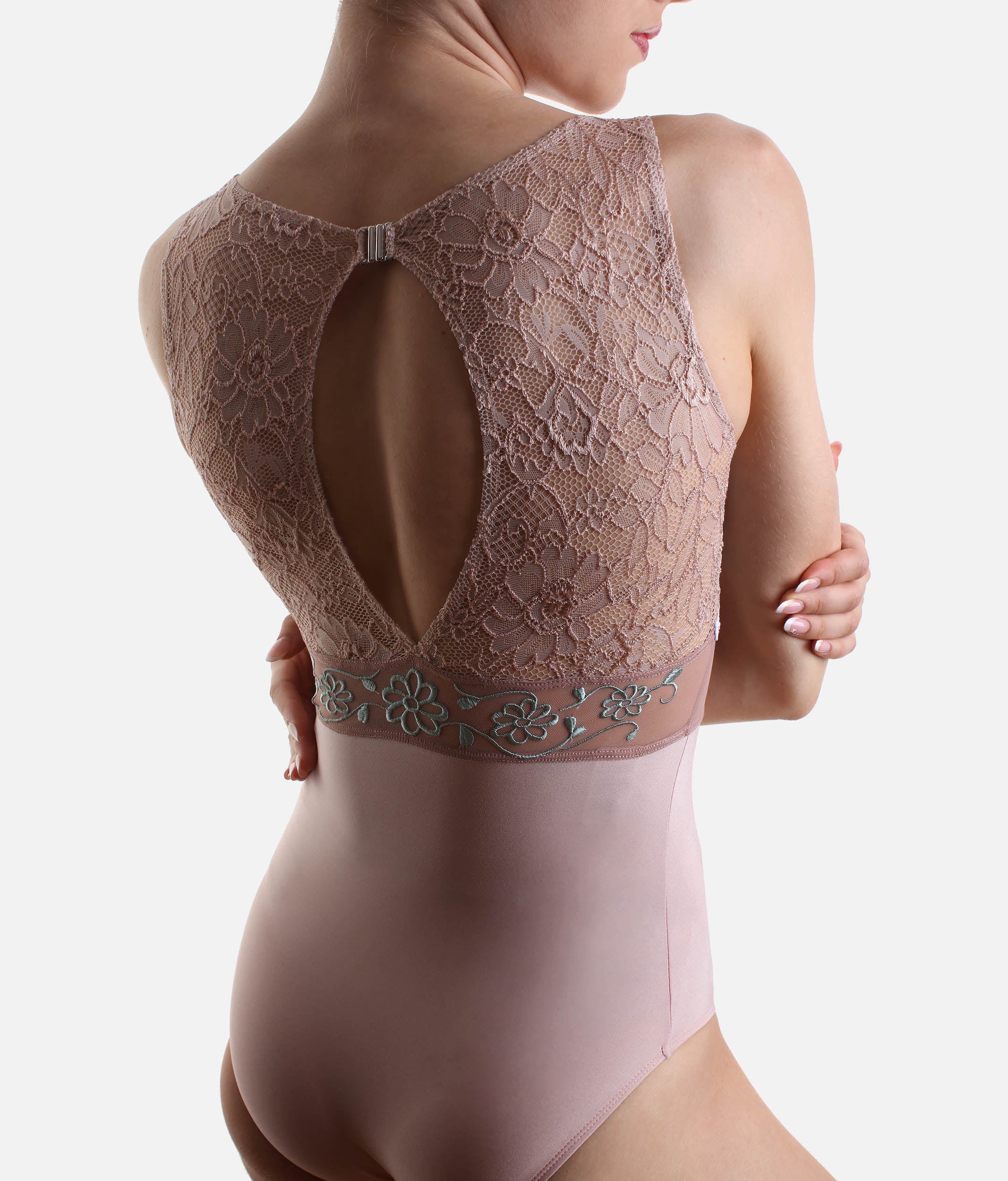 Sleveless Ballet Leotard with Floral Lace & Open Back - IRIS GL Rose