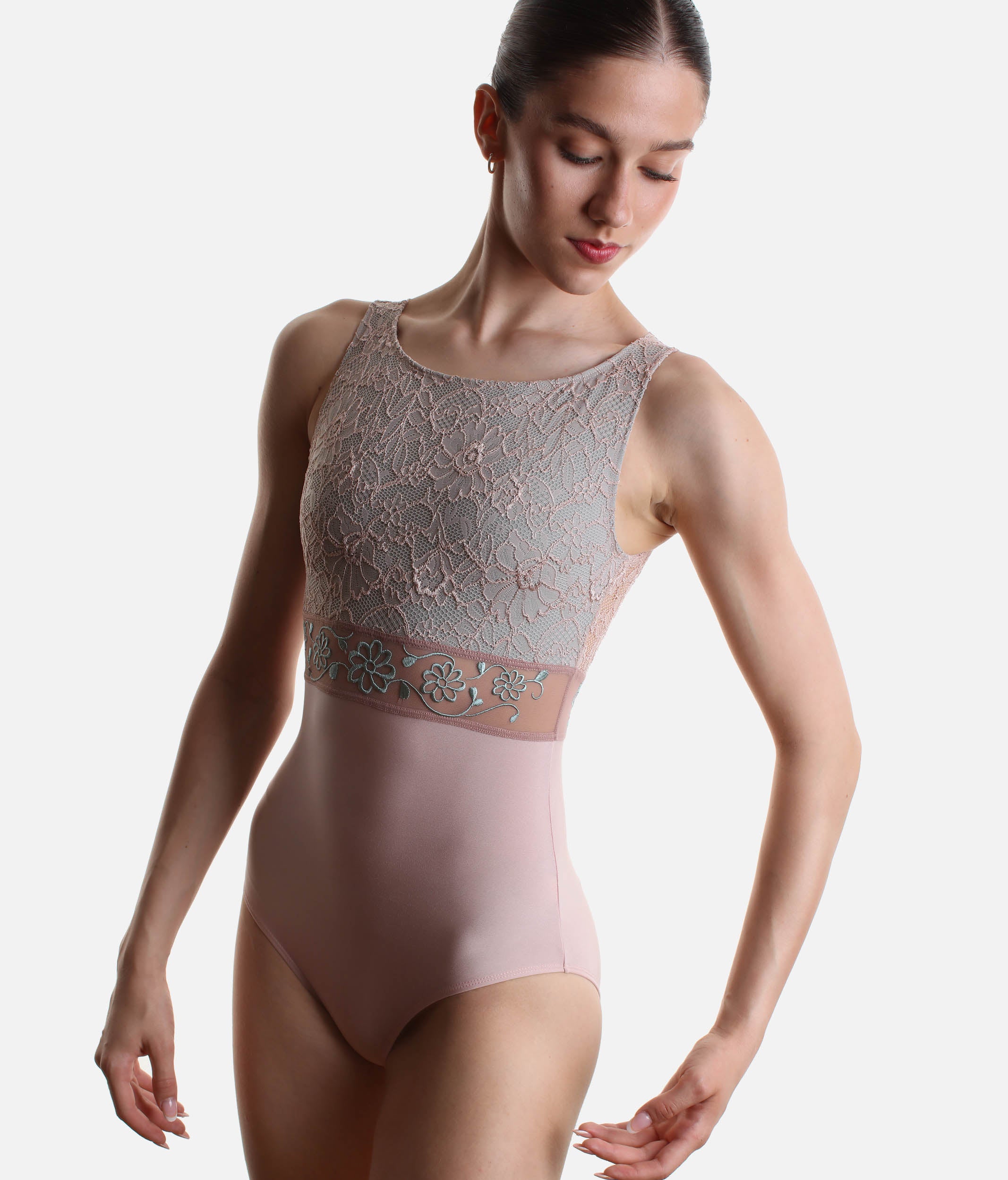 Sleveless Ballet Leotard with Floral Lace & Open Back - IRIS GL Rose