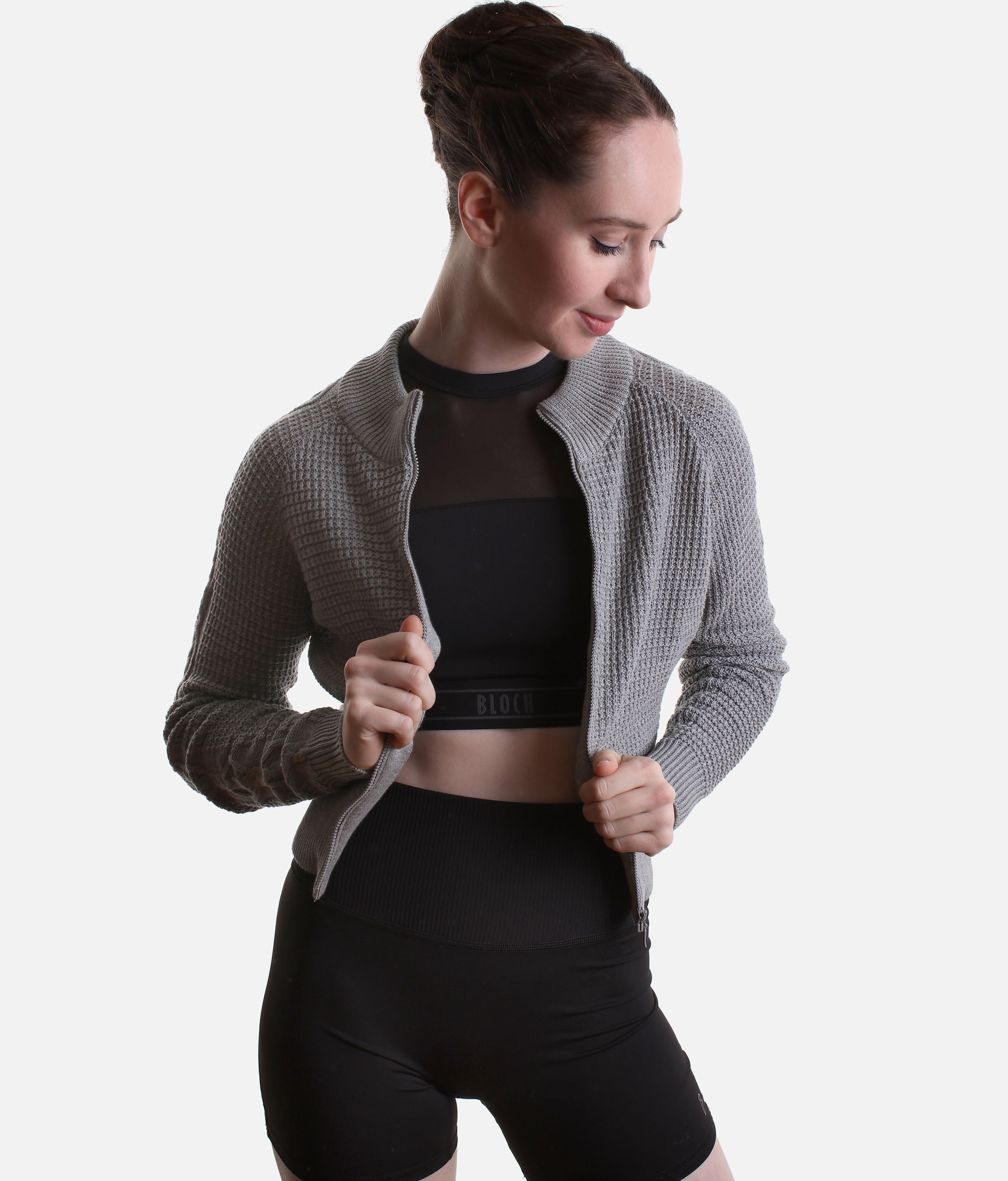 Emilia Cable Knit Zip Warm-Up Jacket, Grey Marle - J13004