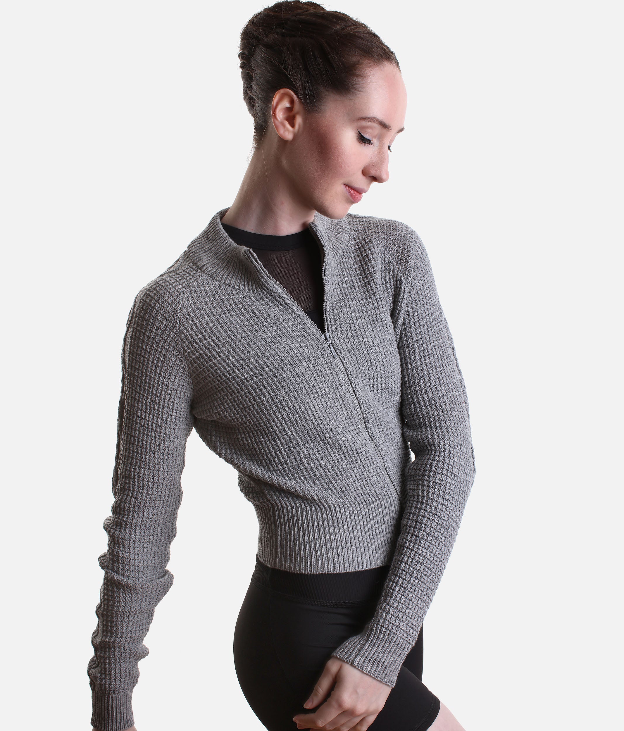 Emilia Cable Knit Zip Warm-Up Jacket, Grey Marle - J13004