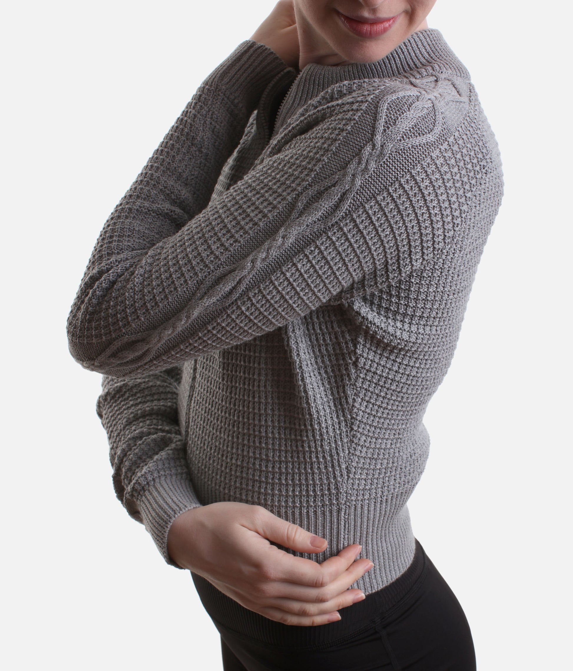 Emilia Cable Knit Zip Warm-Up Jacket, Grey Marle - J13004