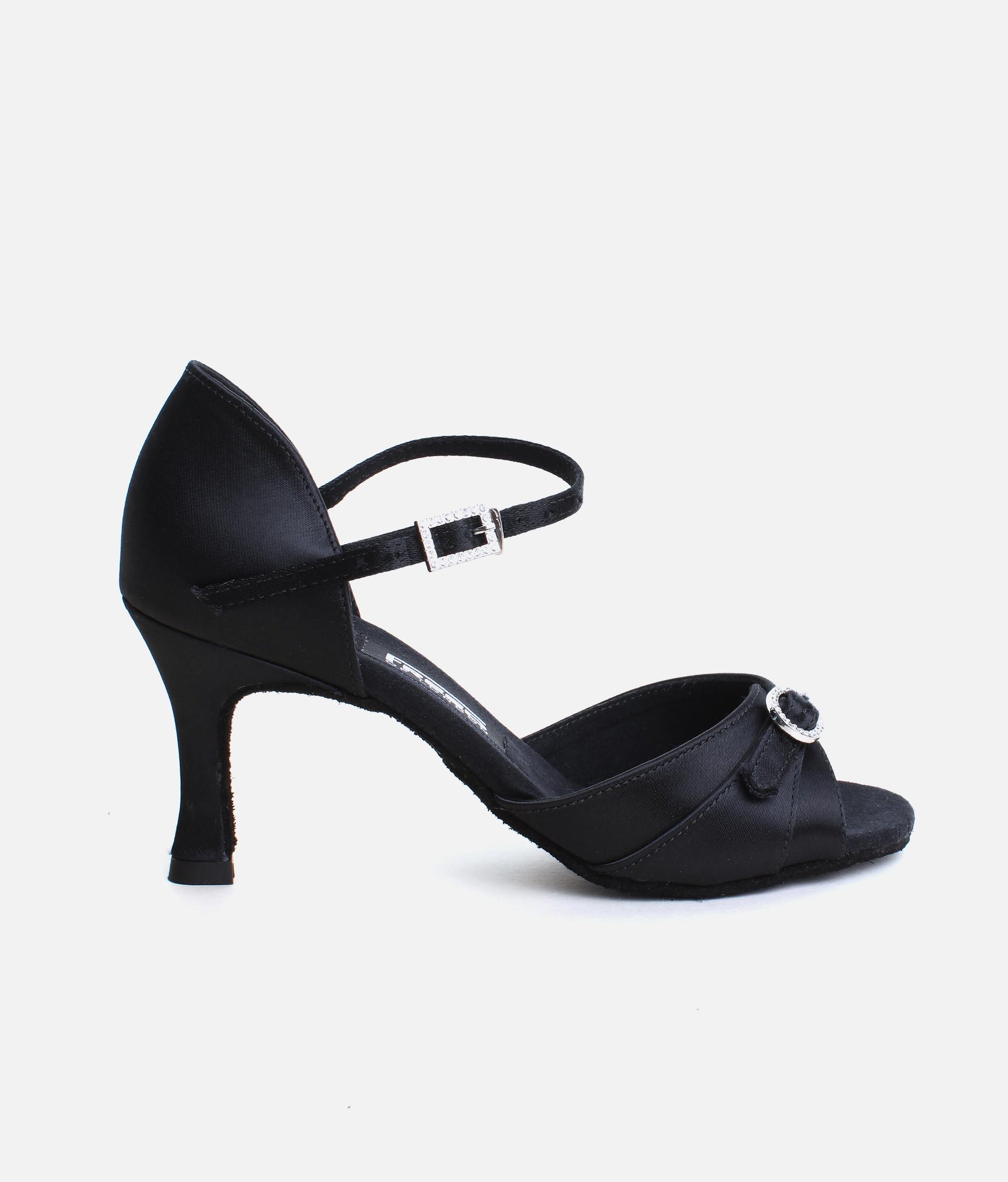 Black Satin Latin Dance Shoes with Open Toe, Diamante Buckle - LEONA