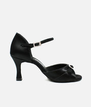 Black Satin Latin Dance Shoes with Open Toe, Diamante Buckle - LEONA