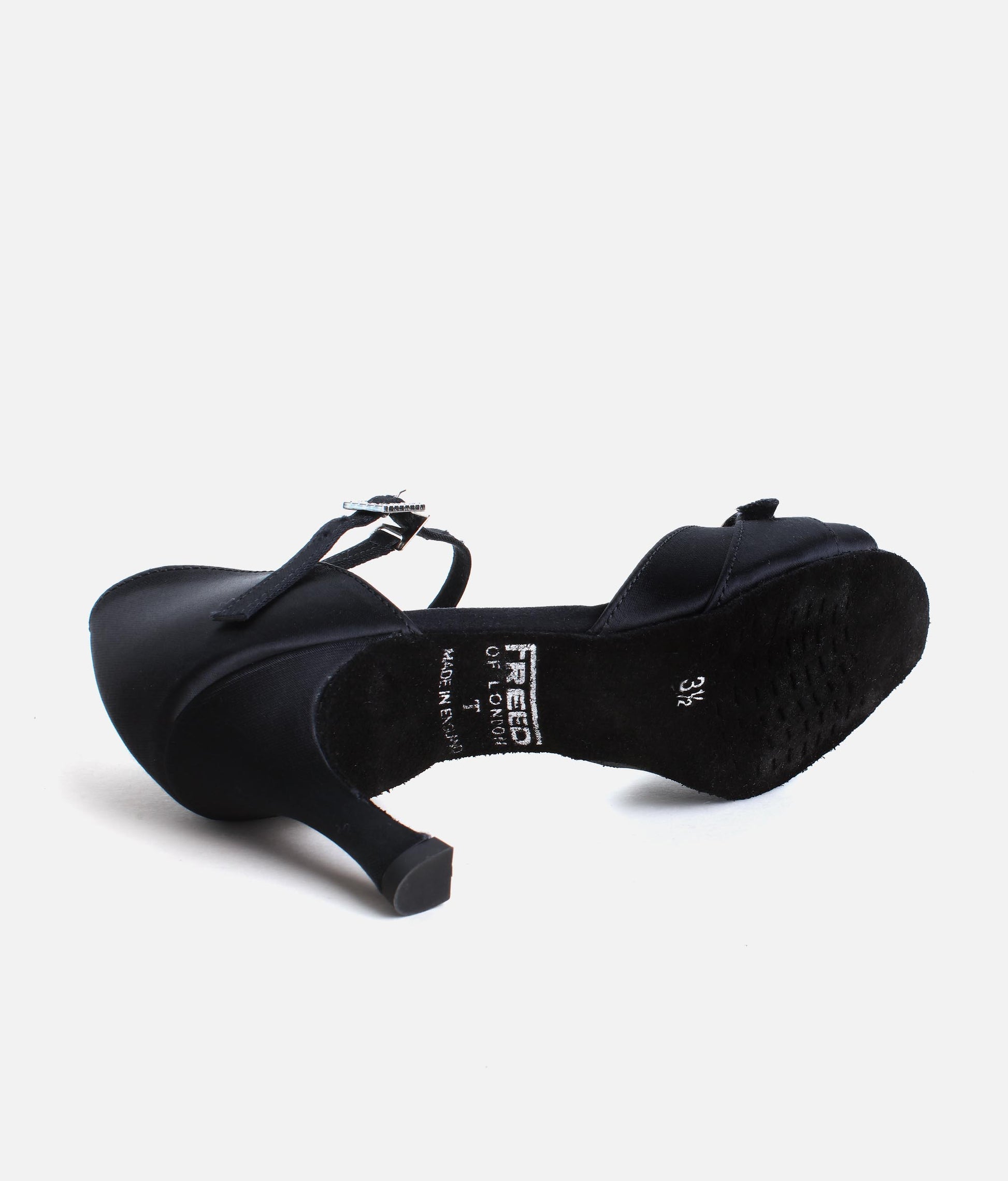 Black Satin Latin Dance Shoes with Open Toe, Diamante Buckle - LEONA
