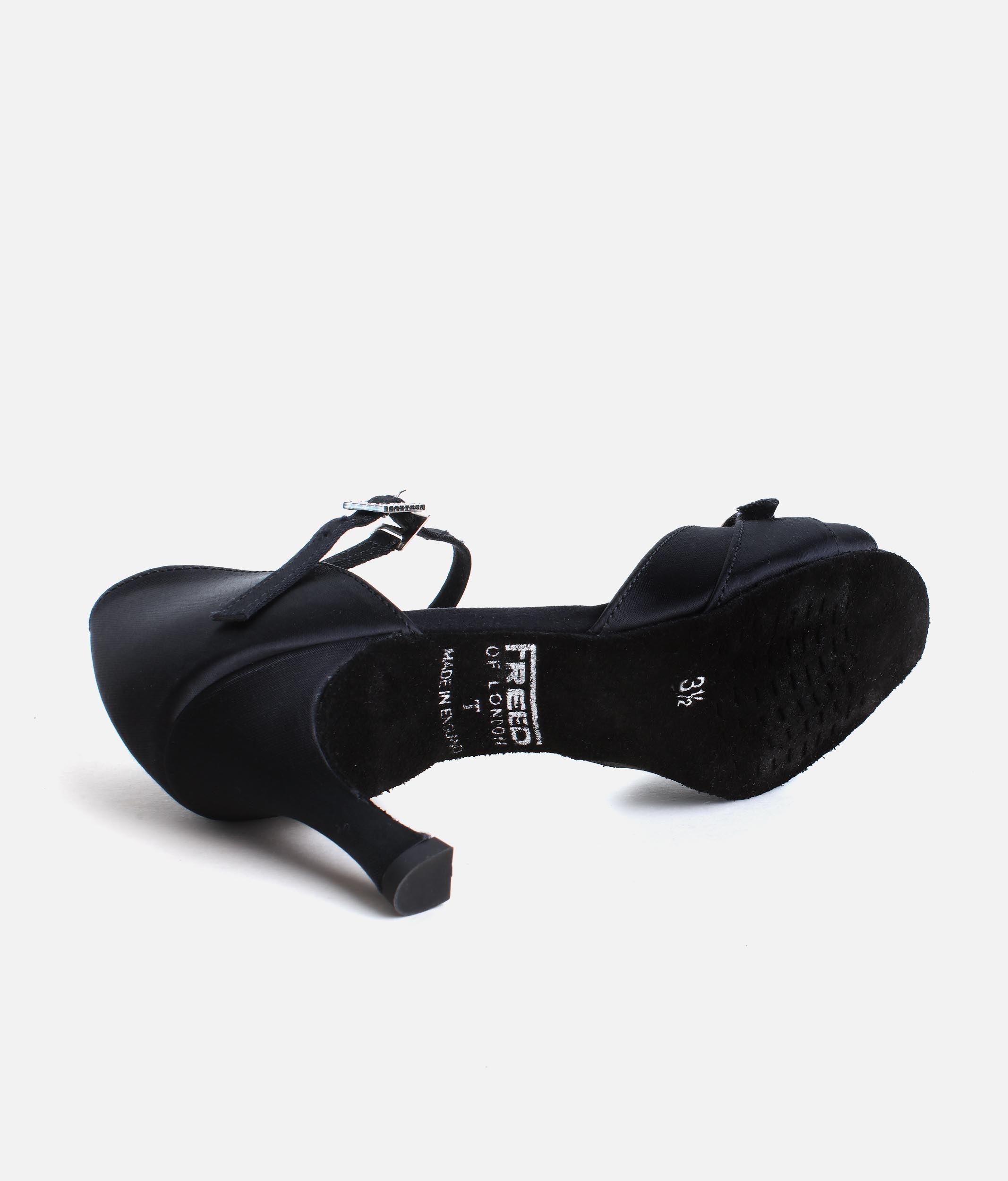Black Satin Latin Dance Shoes with Open Toe, Diamante Buckle - LEONA