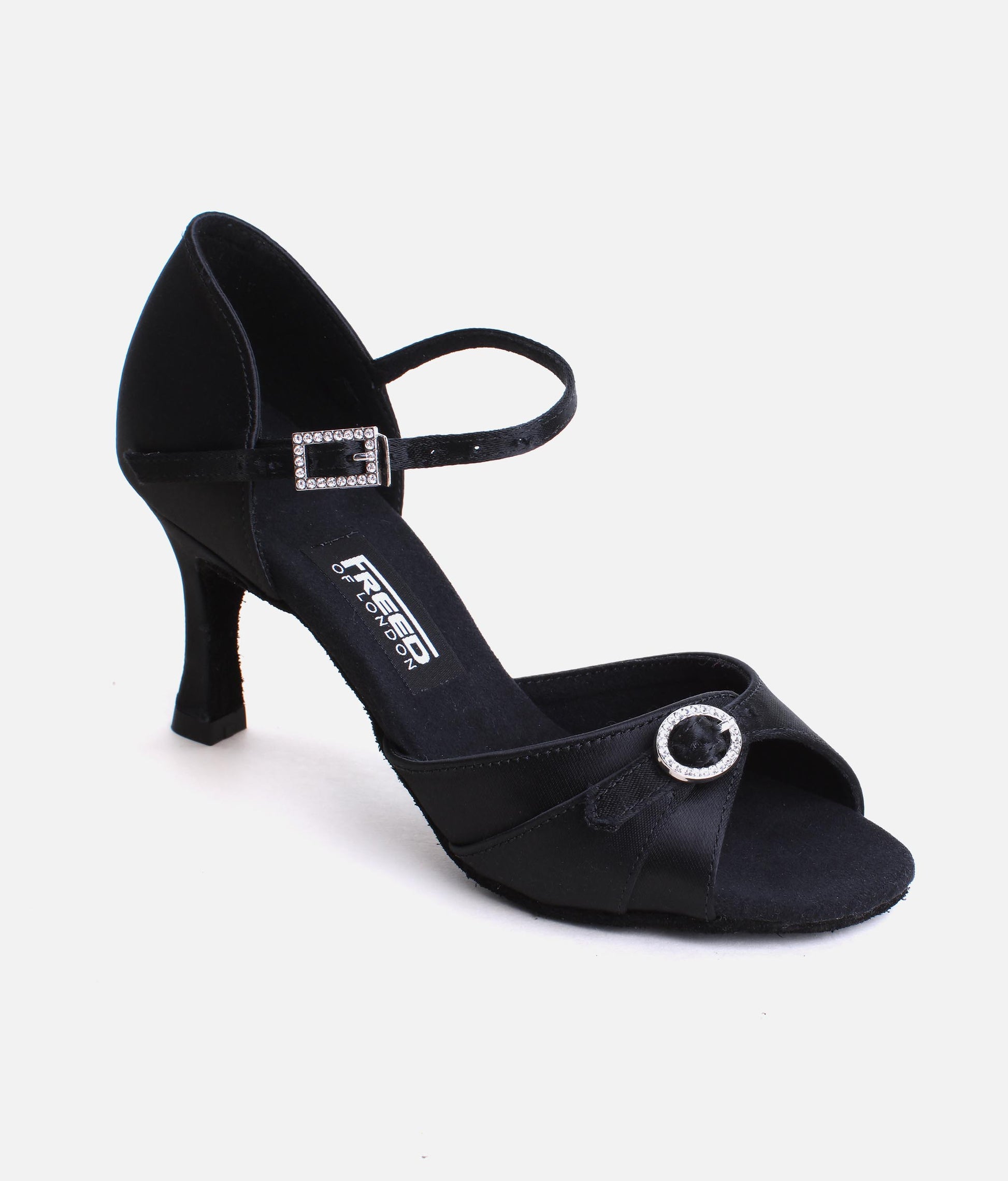 Black Satin Latin Dance Shoes with Open Toe, Diamante Buckle - LEONA