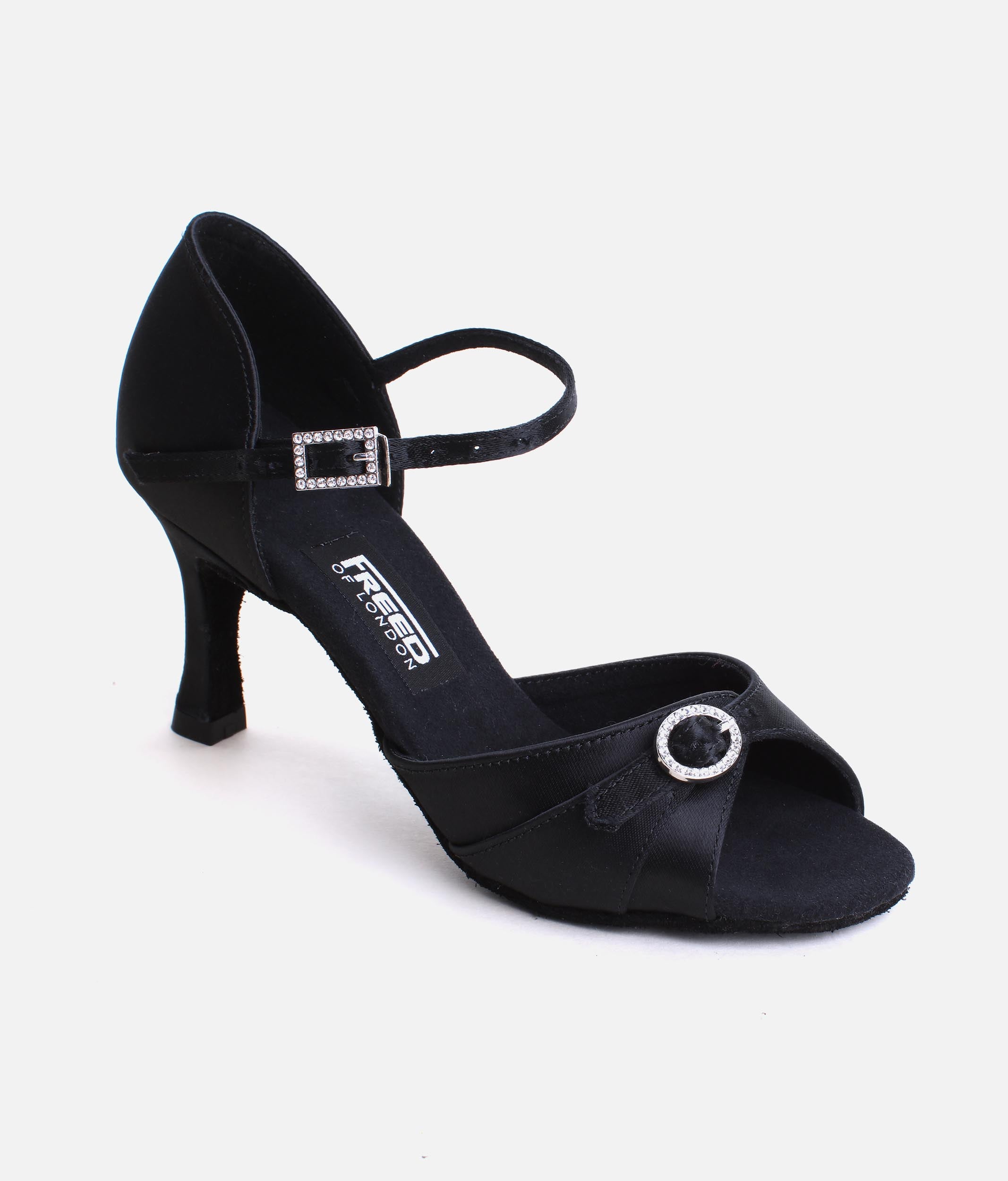 Black Satin Latin Dance Shoes with Open Toe, Diamante Buckle - LEONA