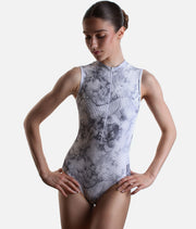 Open Back Ballet Leotard with Contemporary WHITE MARBLE Print - AURA