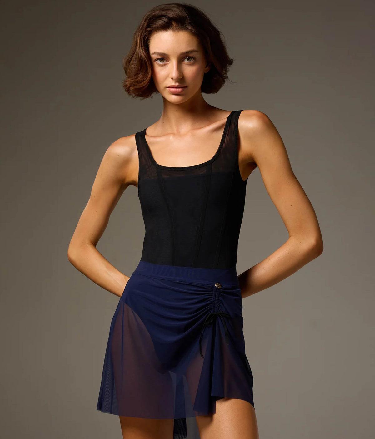 Bodile Mika Mesh Ballet Skirt – Adjustable Ruching & High-Low Hem