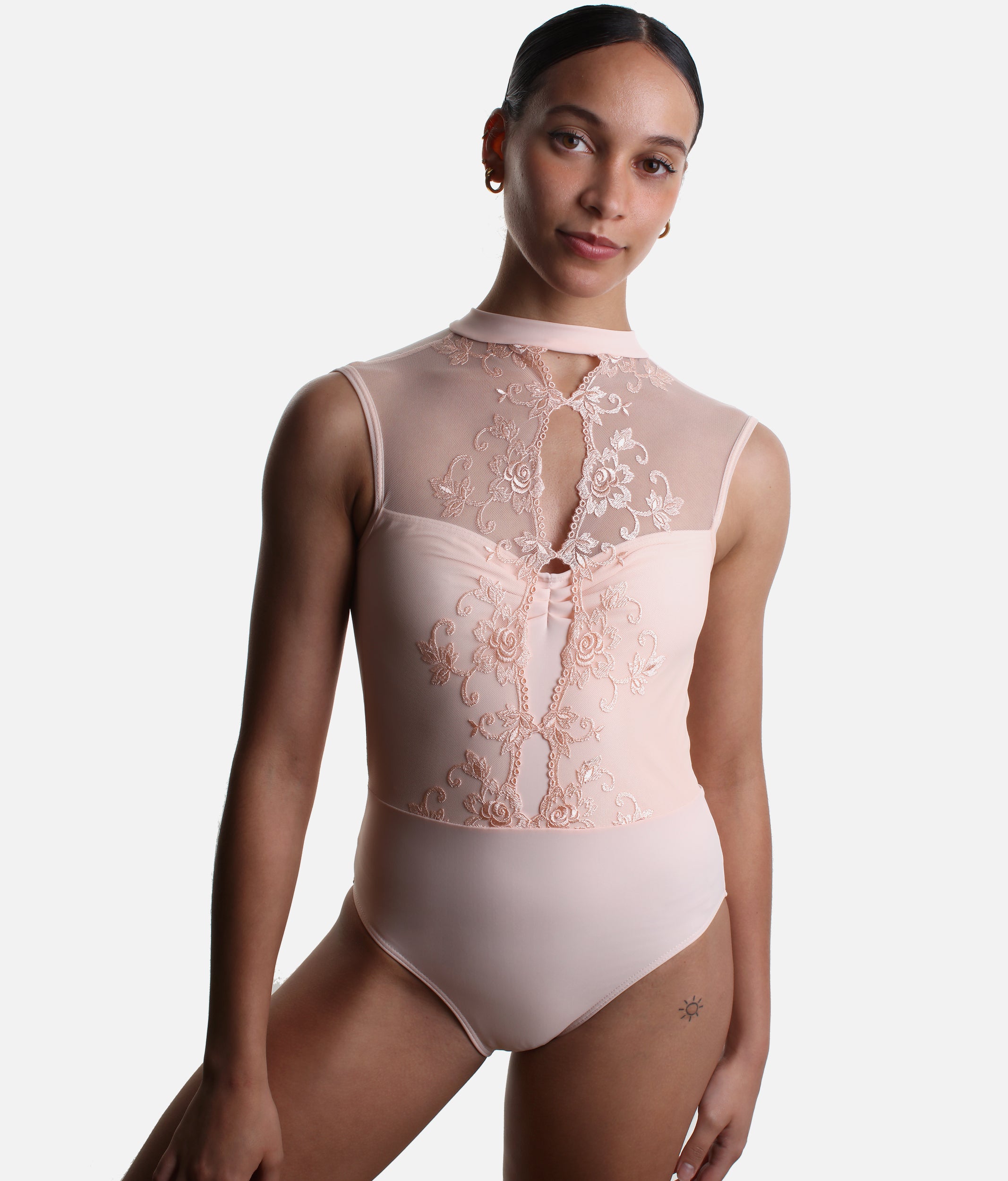 High Neck Lace Leotard with Sophisticated Open Back Design - MIRELLE