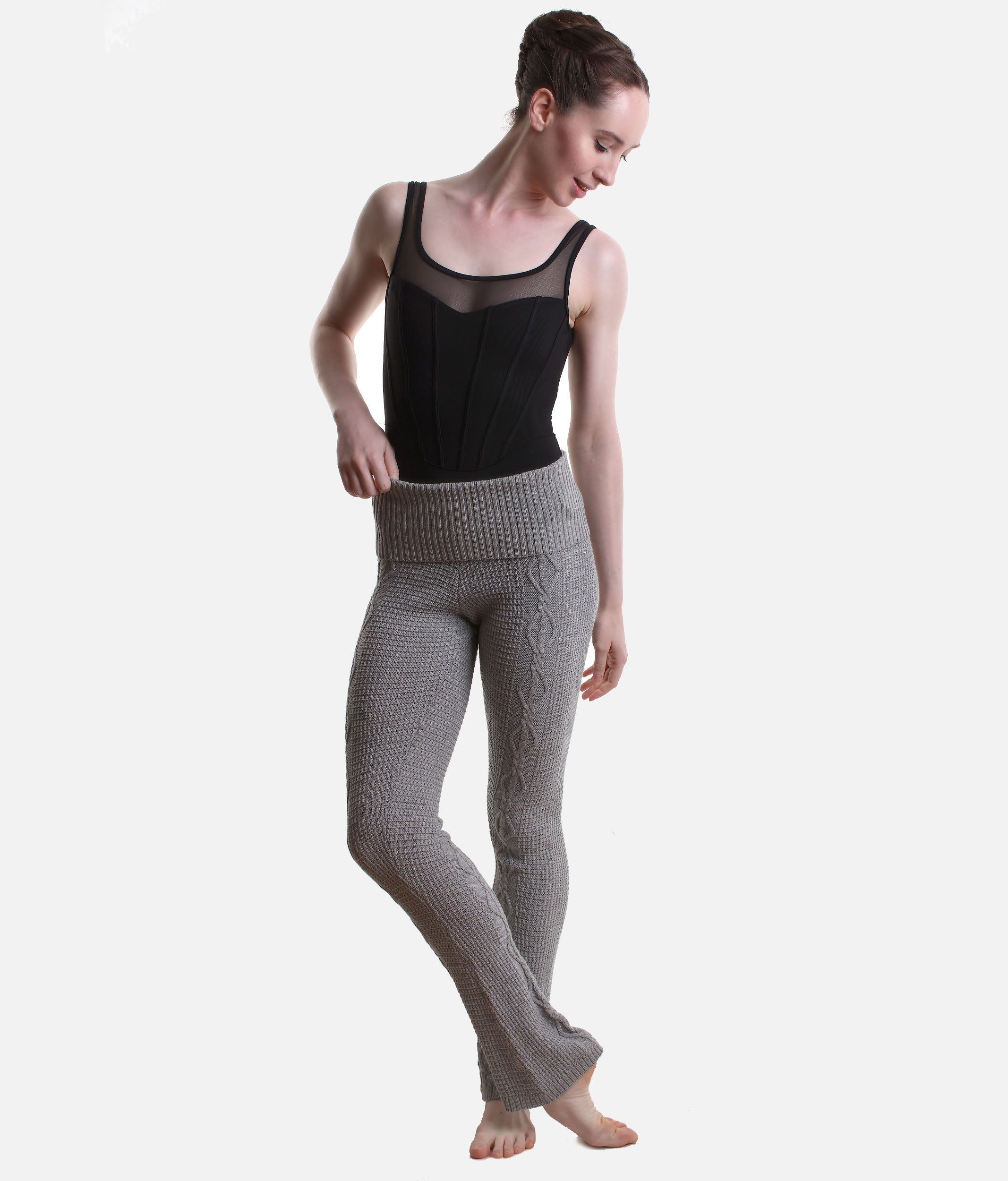 Elena Cable Knit Flared Warm-Up Pants, Grey Marle - P80010