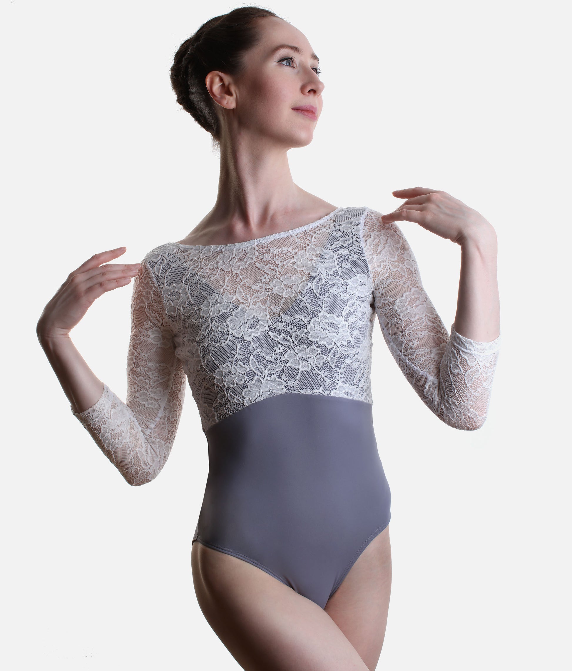PENELOPE BLUE Ballet Leotard, Floral Lace & Elegant Open Back