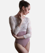 PENELOPE LILAC Lace Ballet Leotard, 3/4 Sleeve Open Back Dancewear