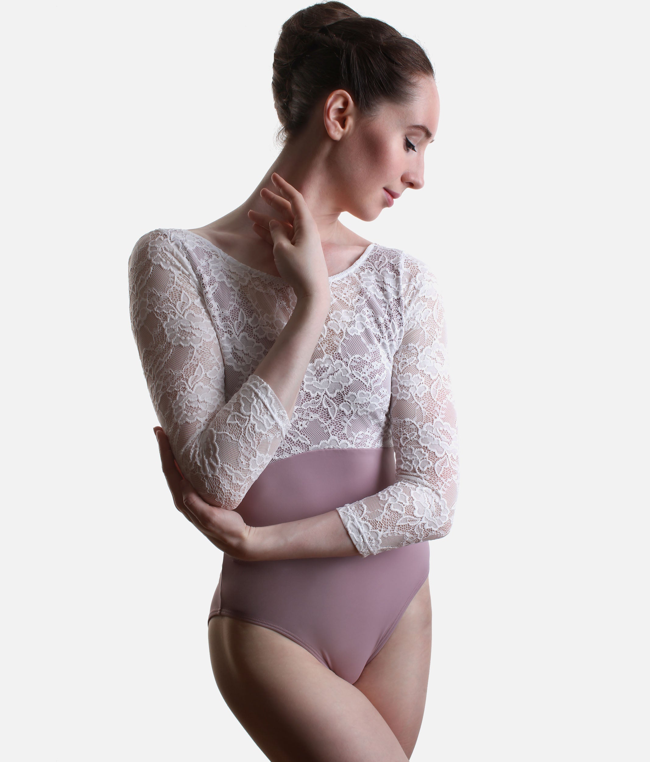 PENELOPE LILAC Lace Ballet Leotard, 3/4 Sleeve Open Back Dancewear