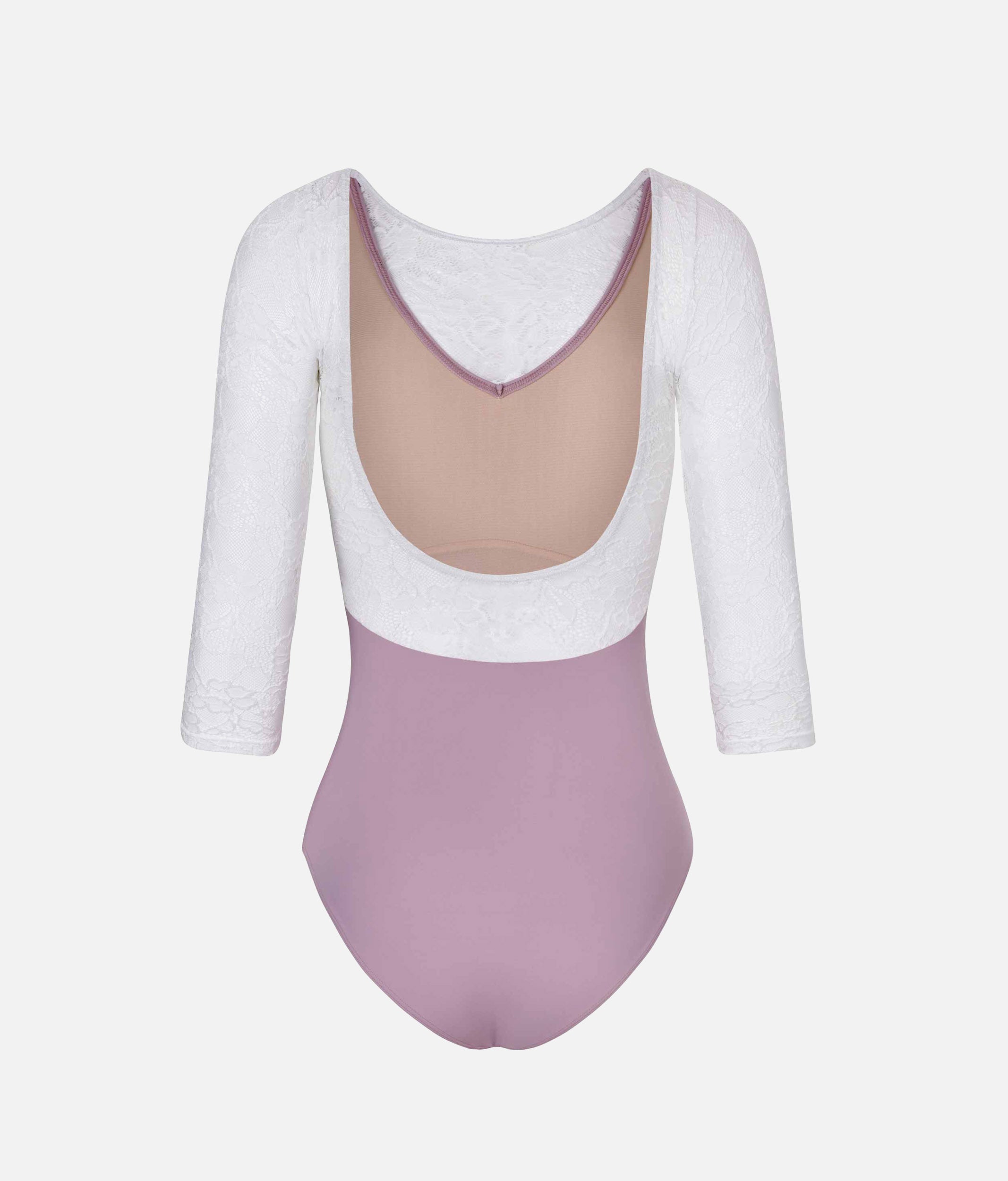 PENELOPE LILAC Lace Ballet Leotard, 3/4 Sleeve Open Back Dancewear