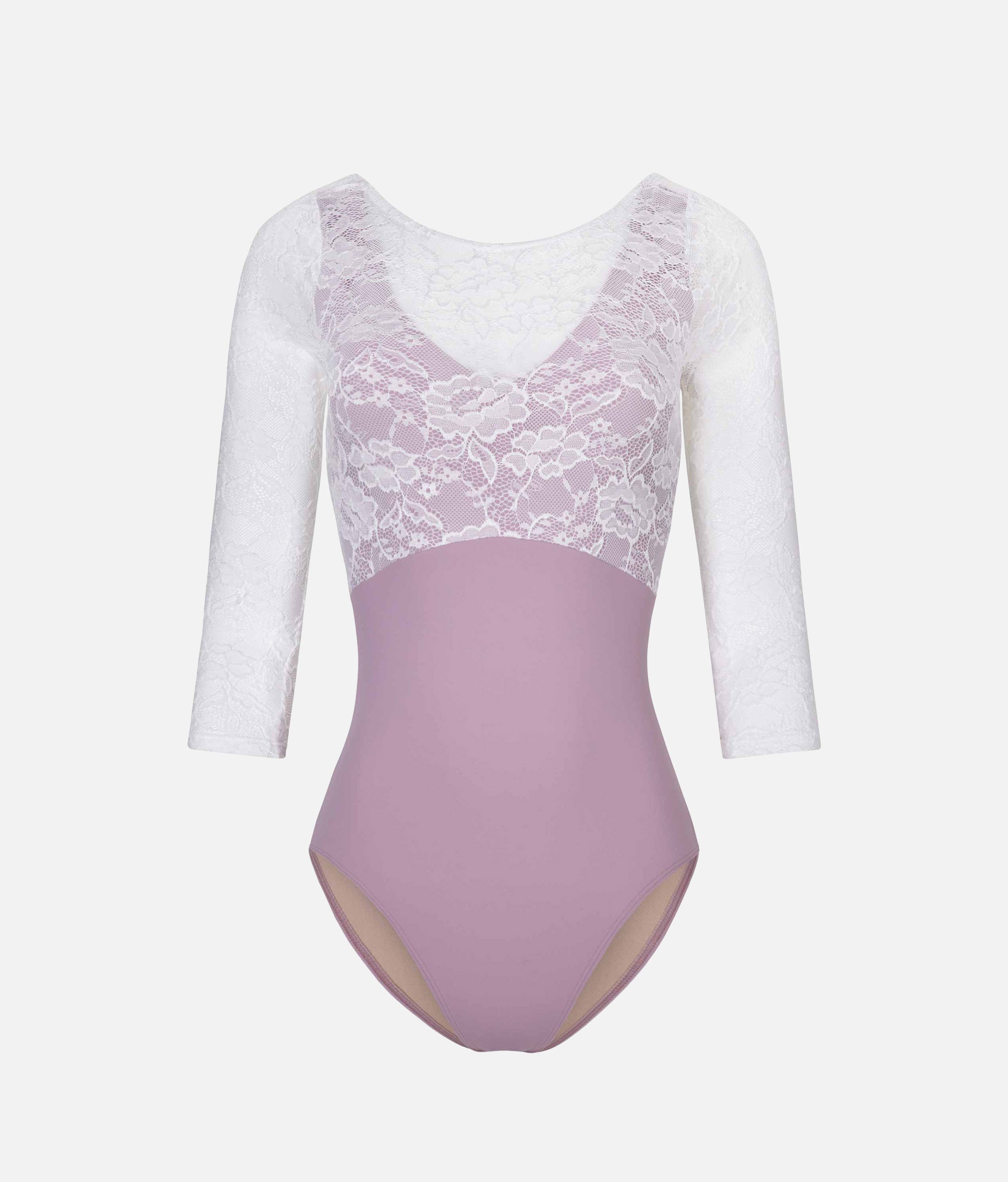 PENELOPE LILAC Lace Ballet Leotard, 3/4 Sleeve Open Back Dancewear
